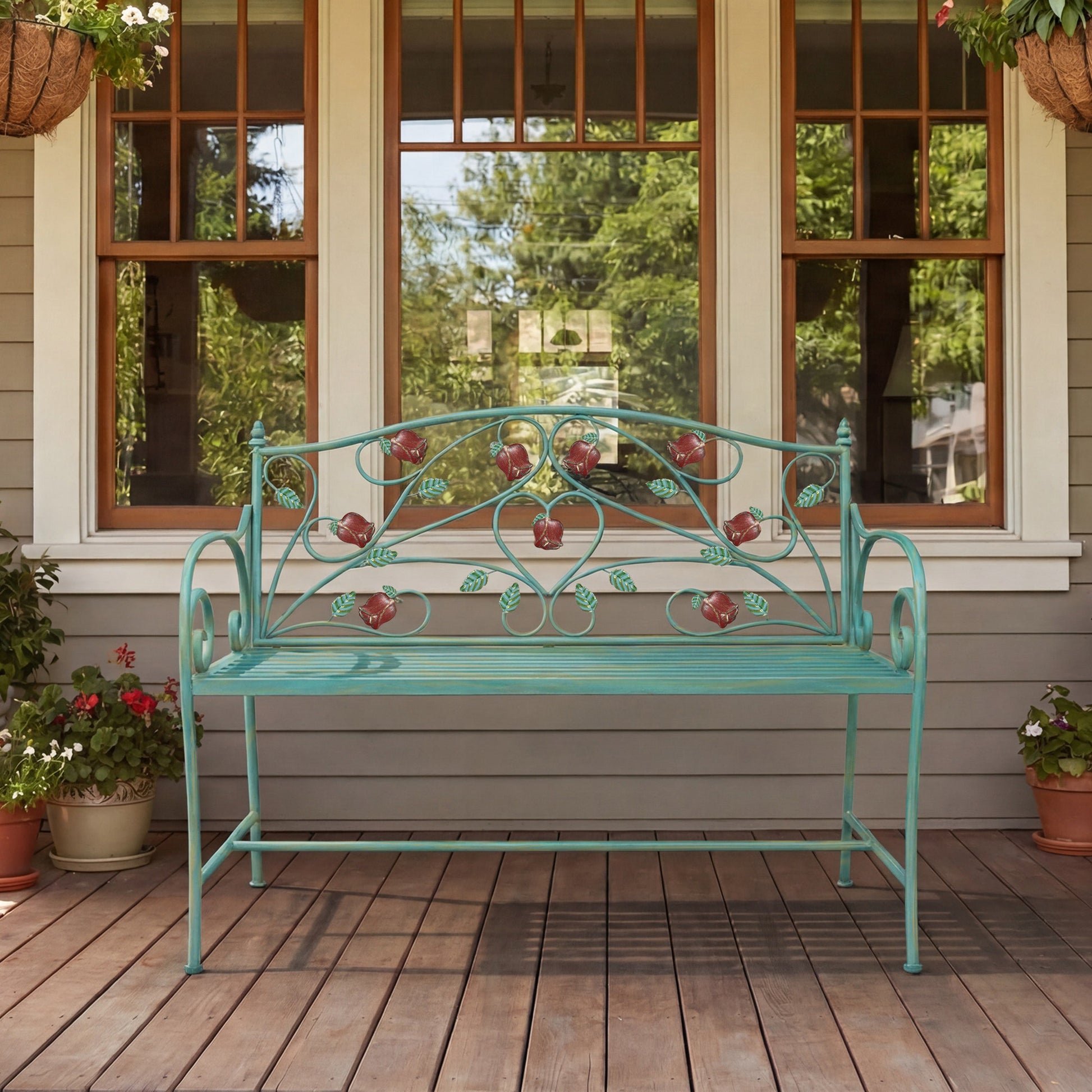 HLR Farmhouse Outdoor Bench with Rose Pattern, 41.7'' Metal Frame Patio Garden Chair Cast Iron, Light Blue