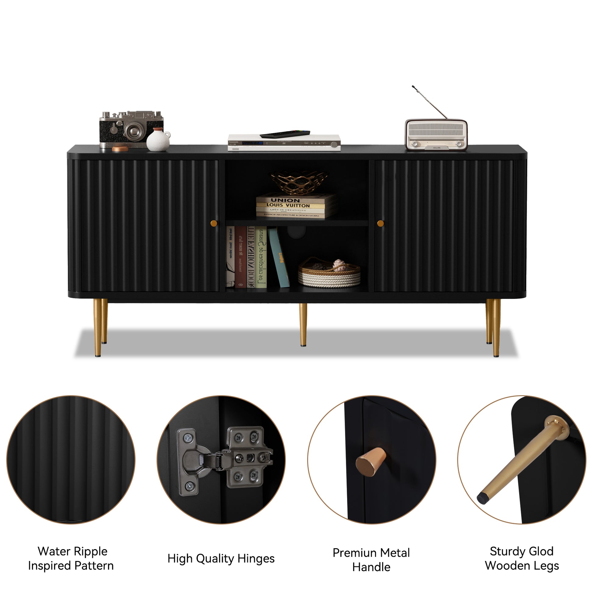 HLR Modern Fluted 55" TV Stand for 65 Inch TV with Storage, Entertainment Center for Living Room, Black