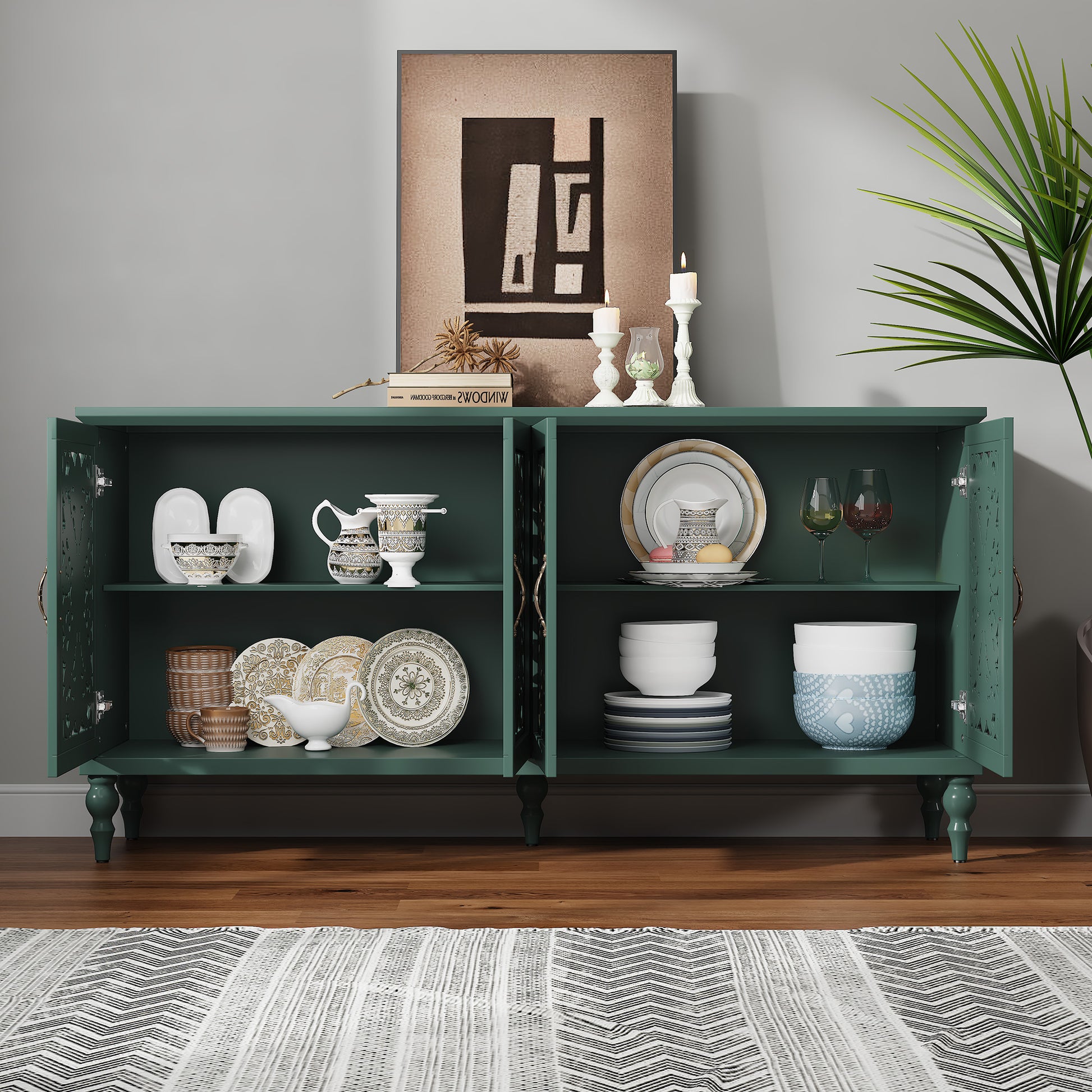 CBJCBJ 63" Mid Century Retro Sideboard Buffet Cabinet 4 Door, Accent Cabinet for Dining Room,Green