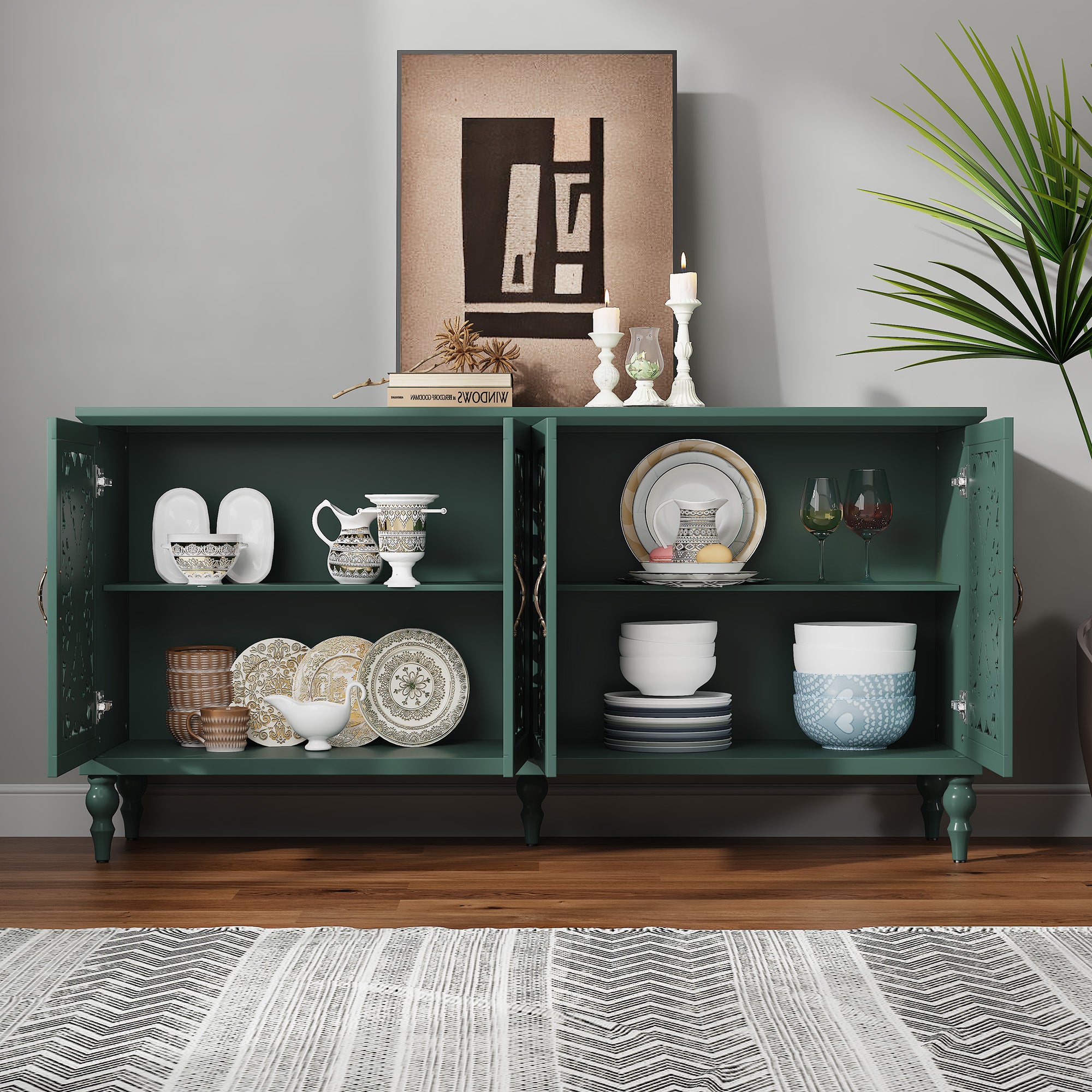 CBJCBJ 63" Mid Century Retro Sideboard Buffet Cabinet 4 Door, Accent Cabinet for Dining Room,Green