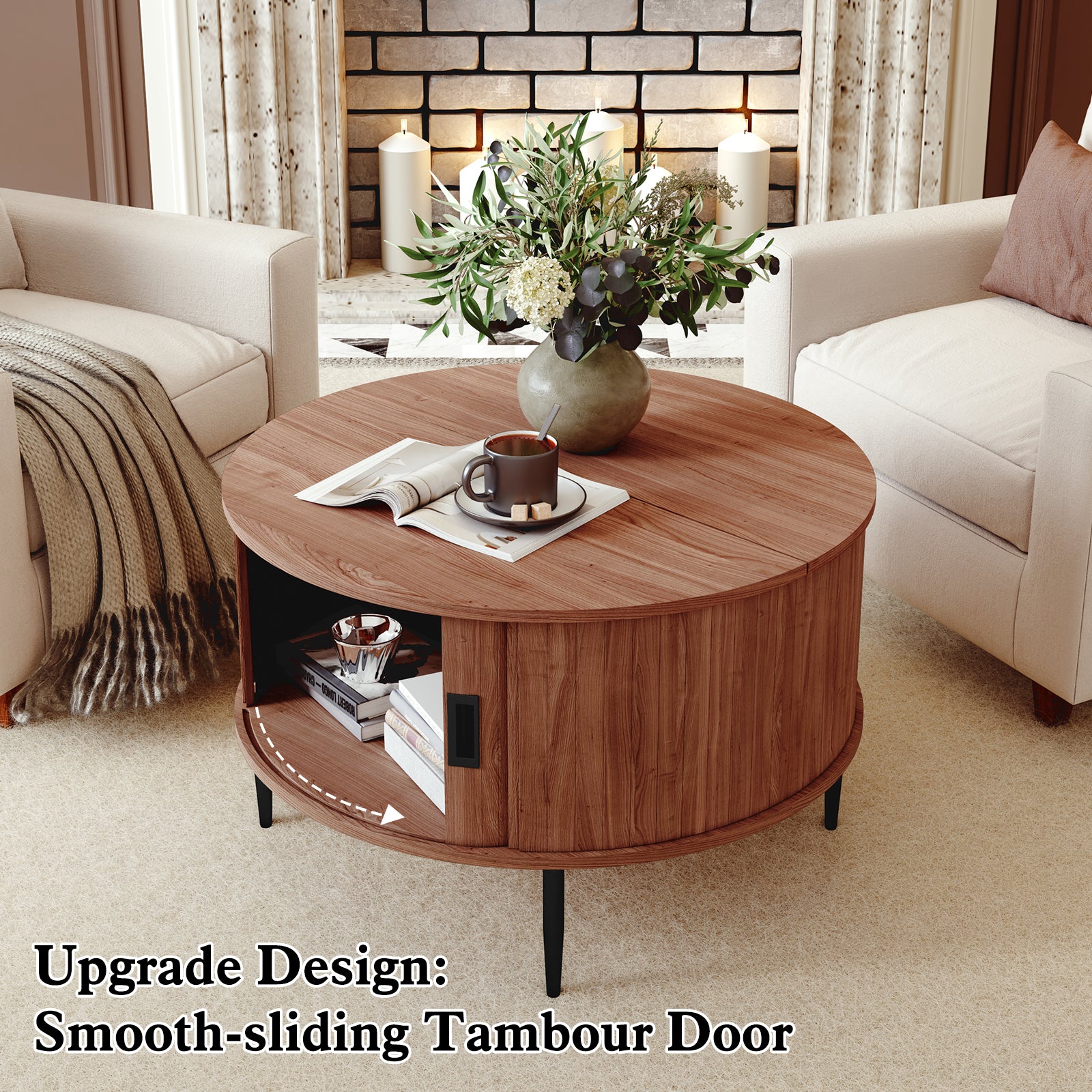 CBJCBJ 31" Modern Round Coffee Table with Sliding Door Storage, Center Table for Living Room, Brown