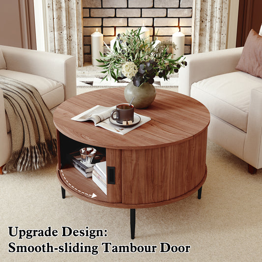 CBJCBJ 31" Modern Round Coffee Table with Sliding Door Storage, Center Table for Living Room, Brown
