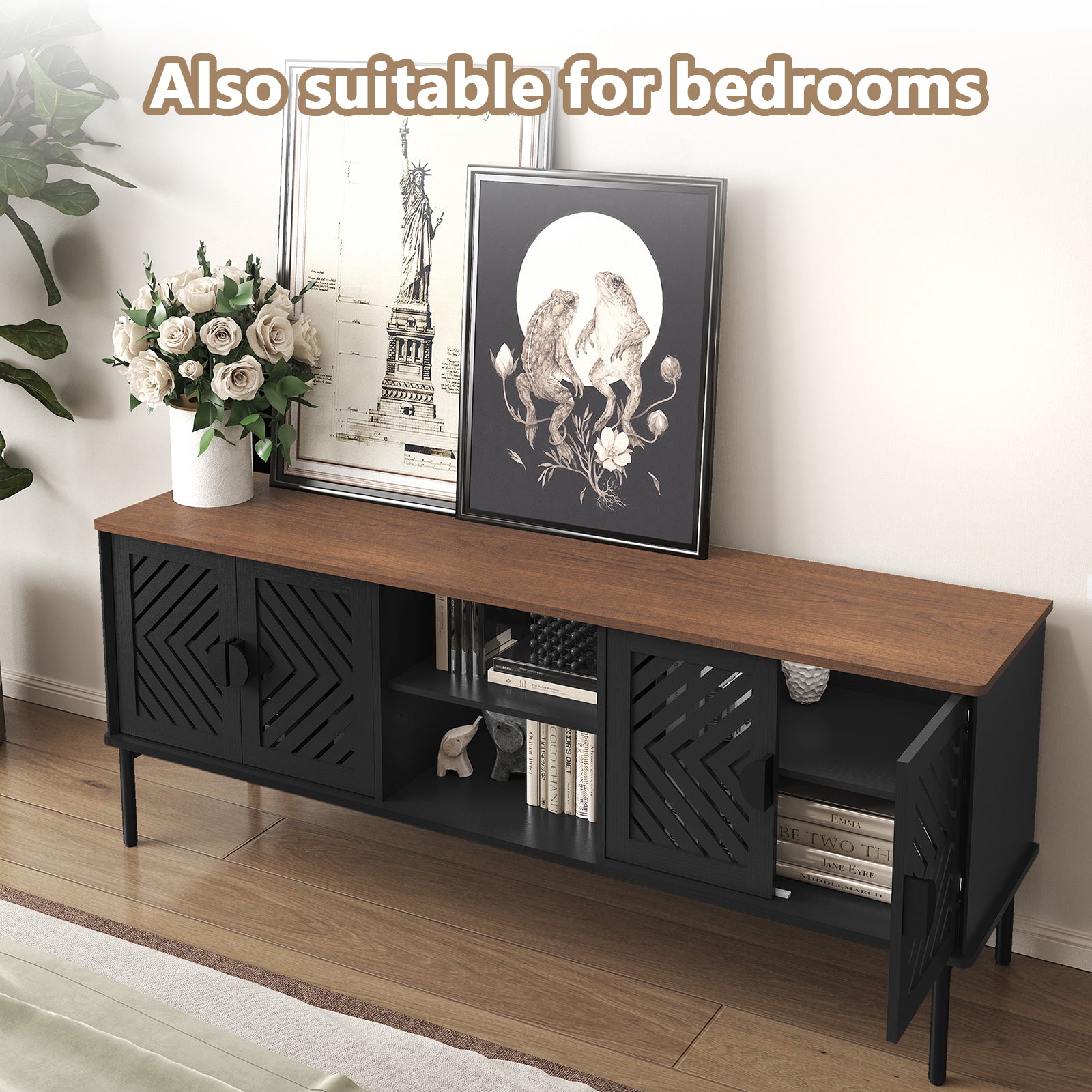 HLR Mid Century Modern 63" TV Stand for 75 inch TV with Storage, Entertainment Center for Living Room, Black