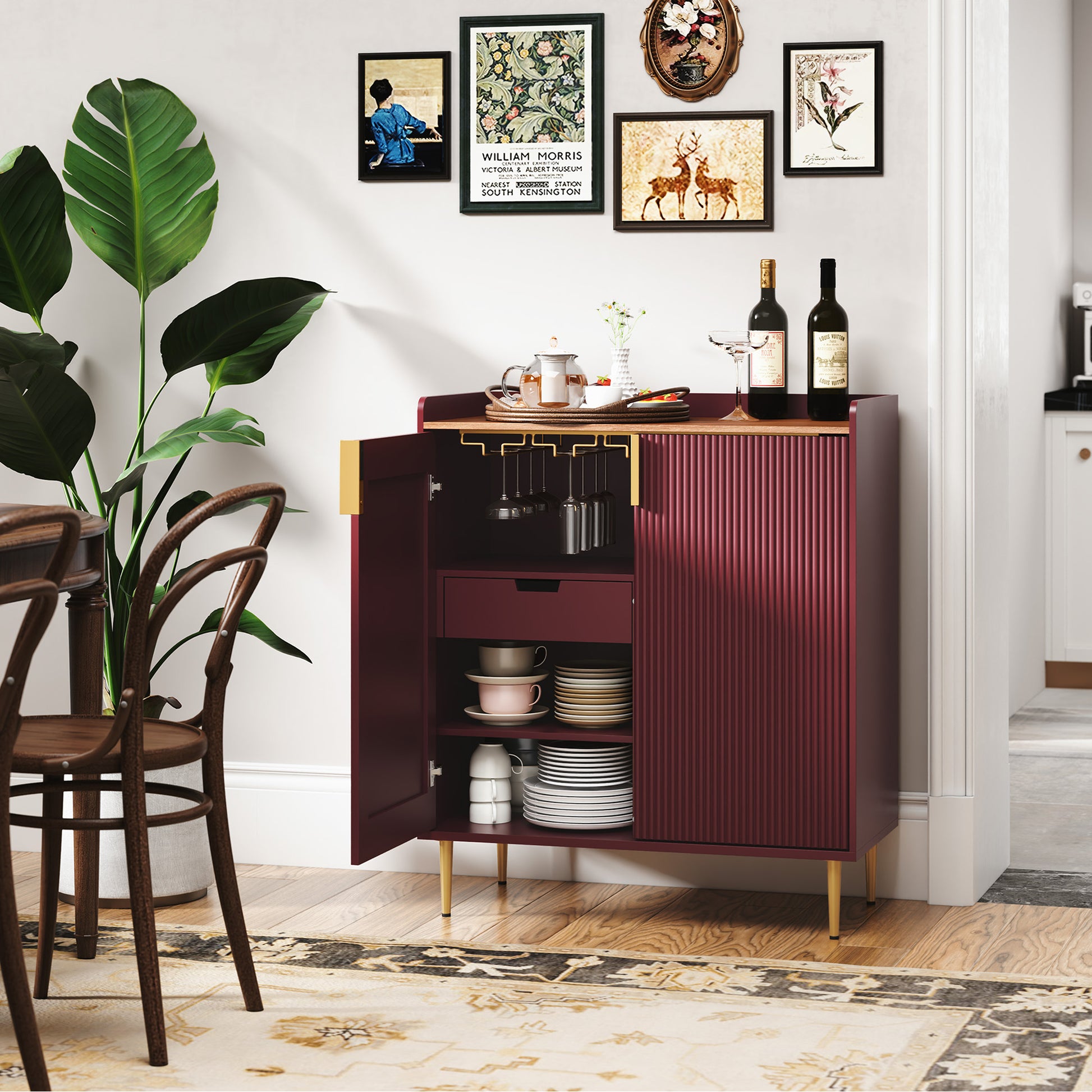 CBJCBJ Modern Wine Cabinet, Home Bar Cabinet with Storage Drawers and Wine Rack, Kitchen Sideboard,Red