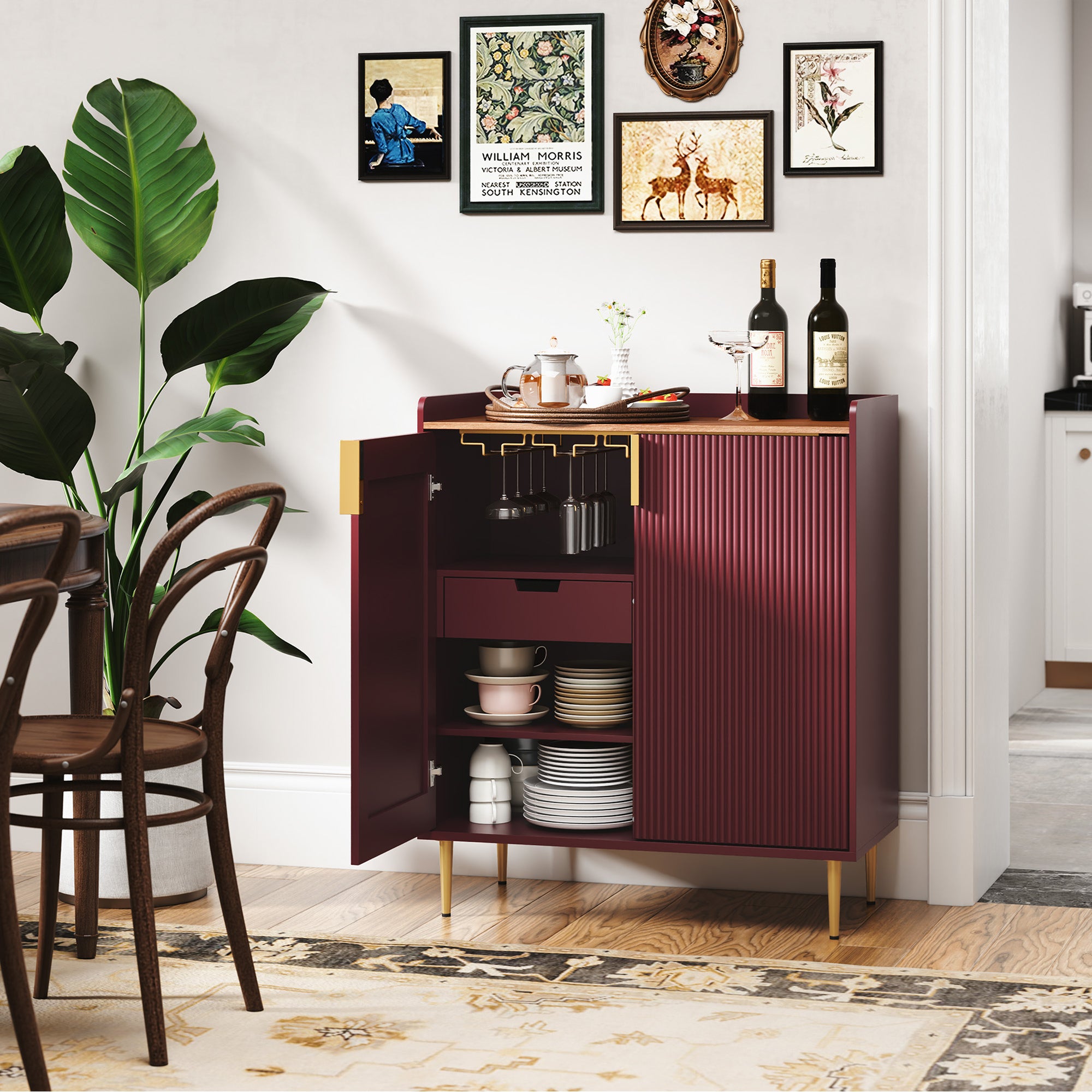 CBJCBJ Modern Wine Cabinet, Home Bar Cabinet with Storage Drawers and Wine Rack, Kitchen Sideboard,Red