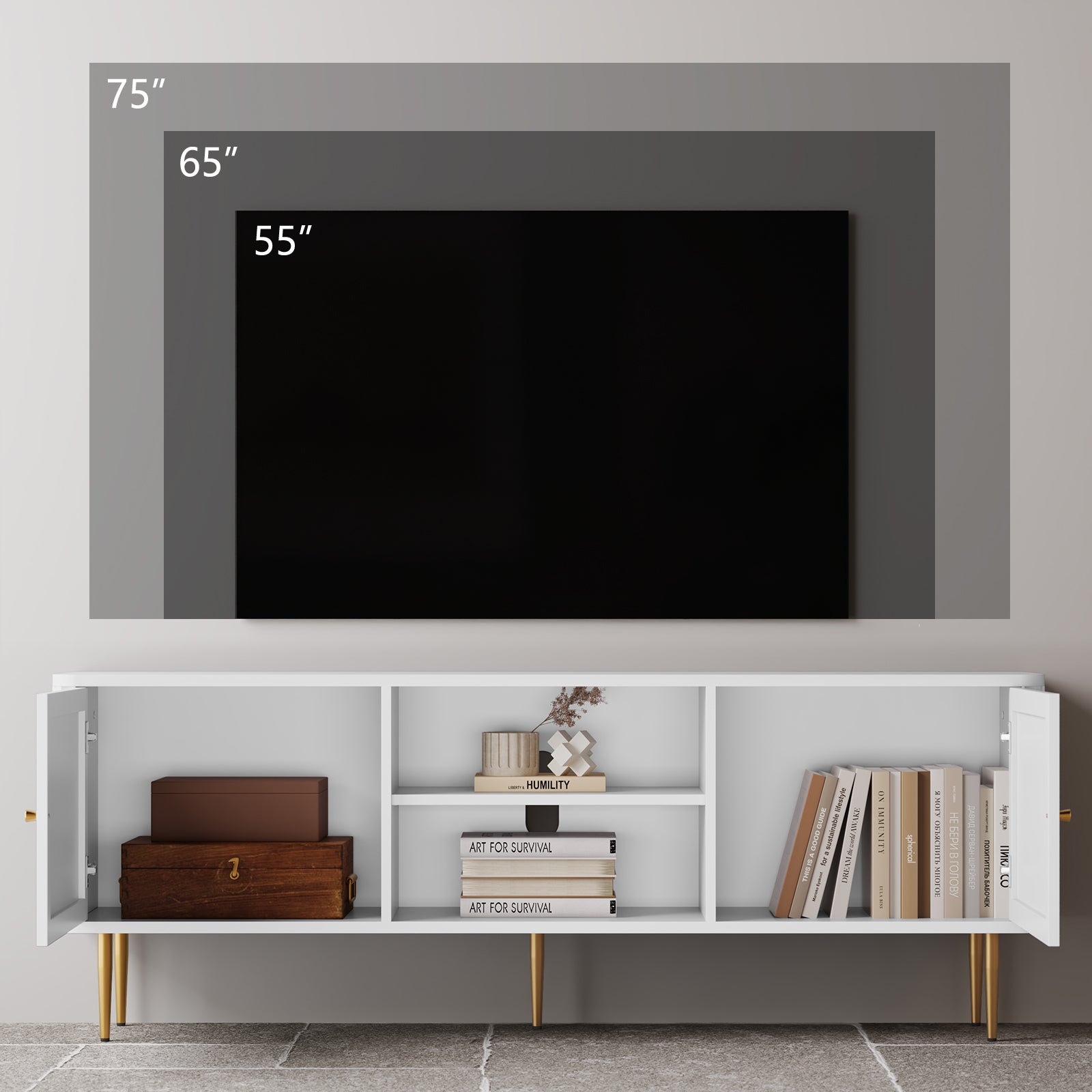 HLR 67 In Fluted TV Stand for TVs Up to 75 Inch, Mid Century Modern Entertainment Center with Storage, White