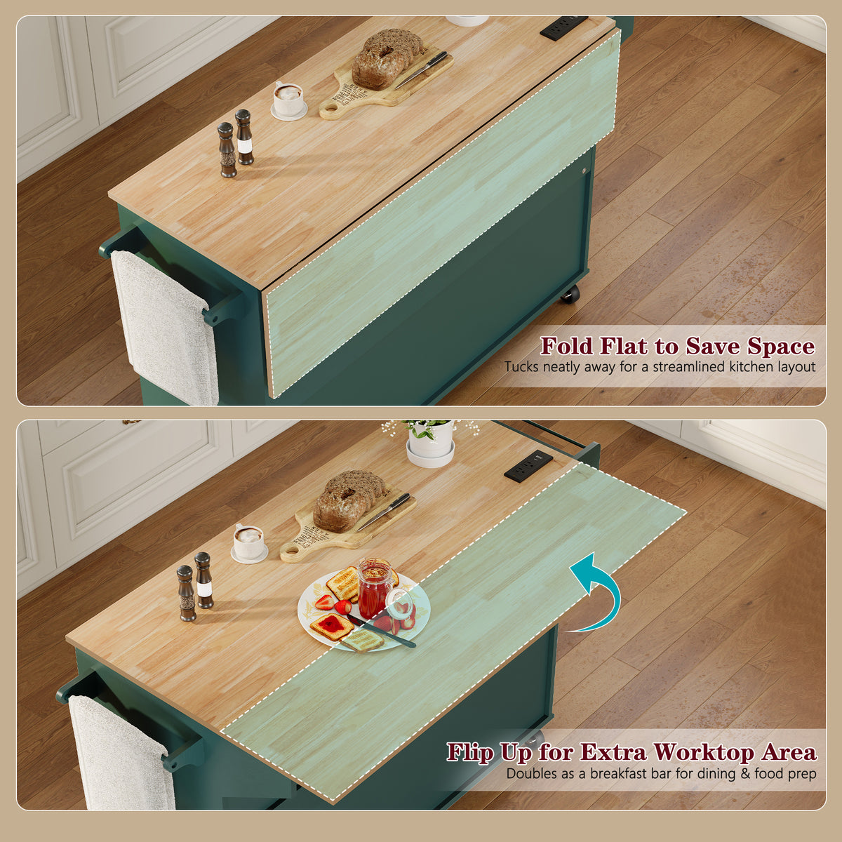 CBJCBJ Folding Rubber wood Kitchen Island, Kitchen Cart with Hidden Trash Can, Knife Rack & Spice Rack,Green