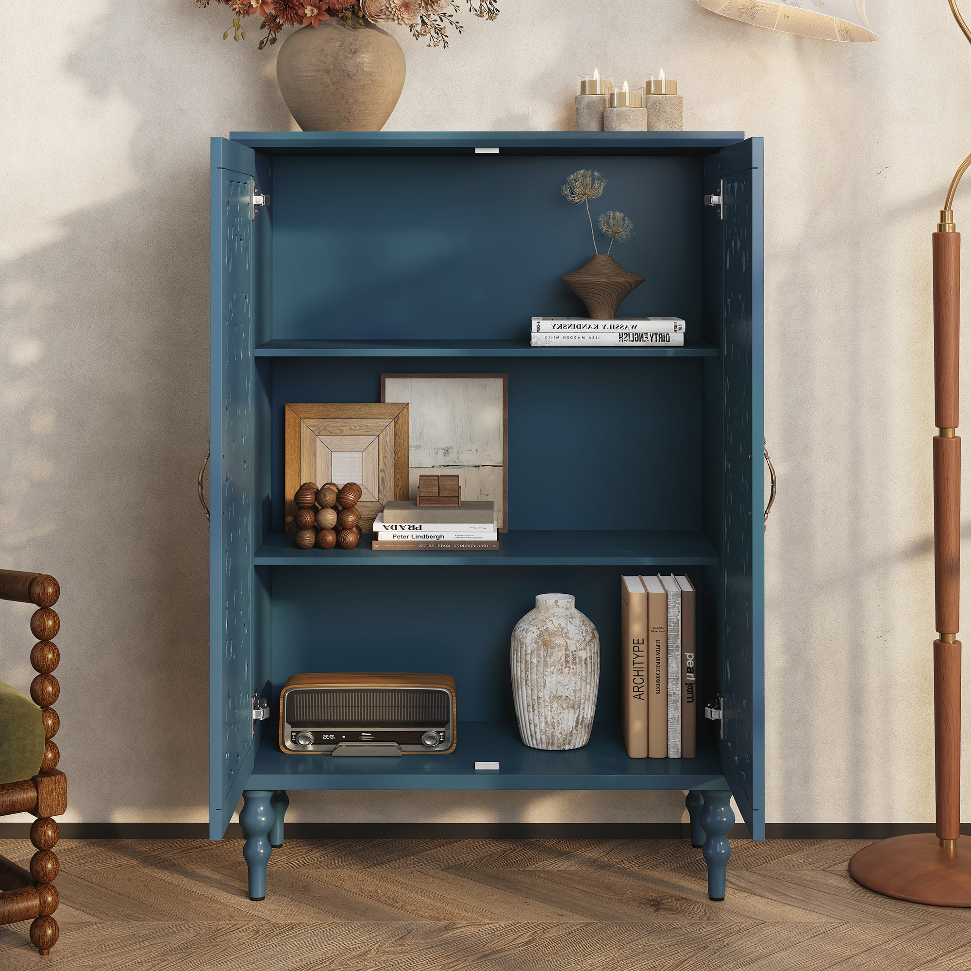 HLR Buffet Cabinet with Storage Accent Sideboard, Modern Hollow 2 Doors Credenza for Dining Room, Blue