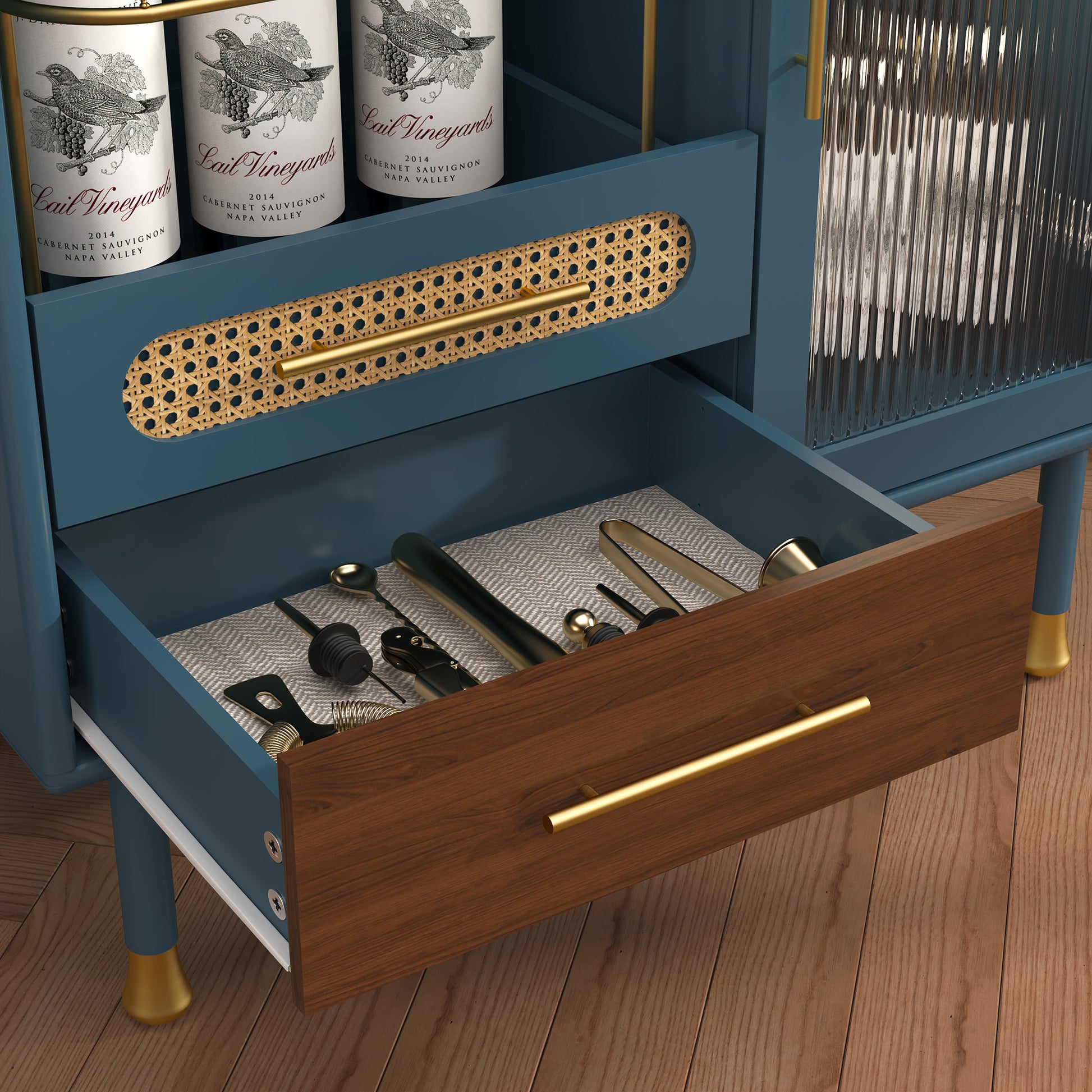 HLR 31.5"W Modern Wine Storage Cabinet with Pull-Out Rack & Tempered Glass Doors – Compact Coffee Bar for Kitchen, Dining Room, Apartment,Blue
