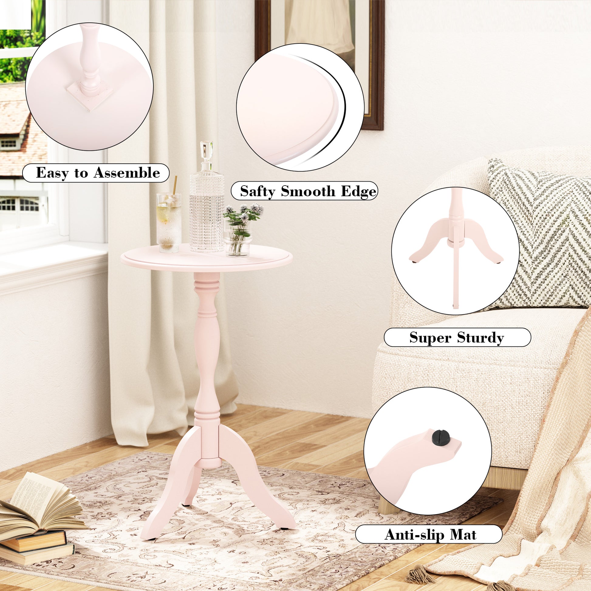HLR Round Small End Table, Wooden Pedestal Side Coffee Table, Vintage Accent Nightstand for Living Room, Entryway, Pink