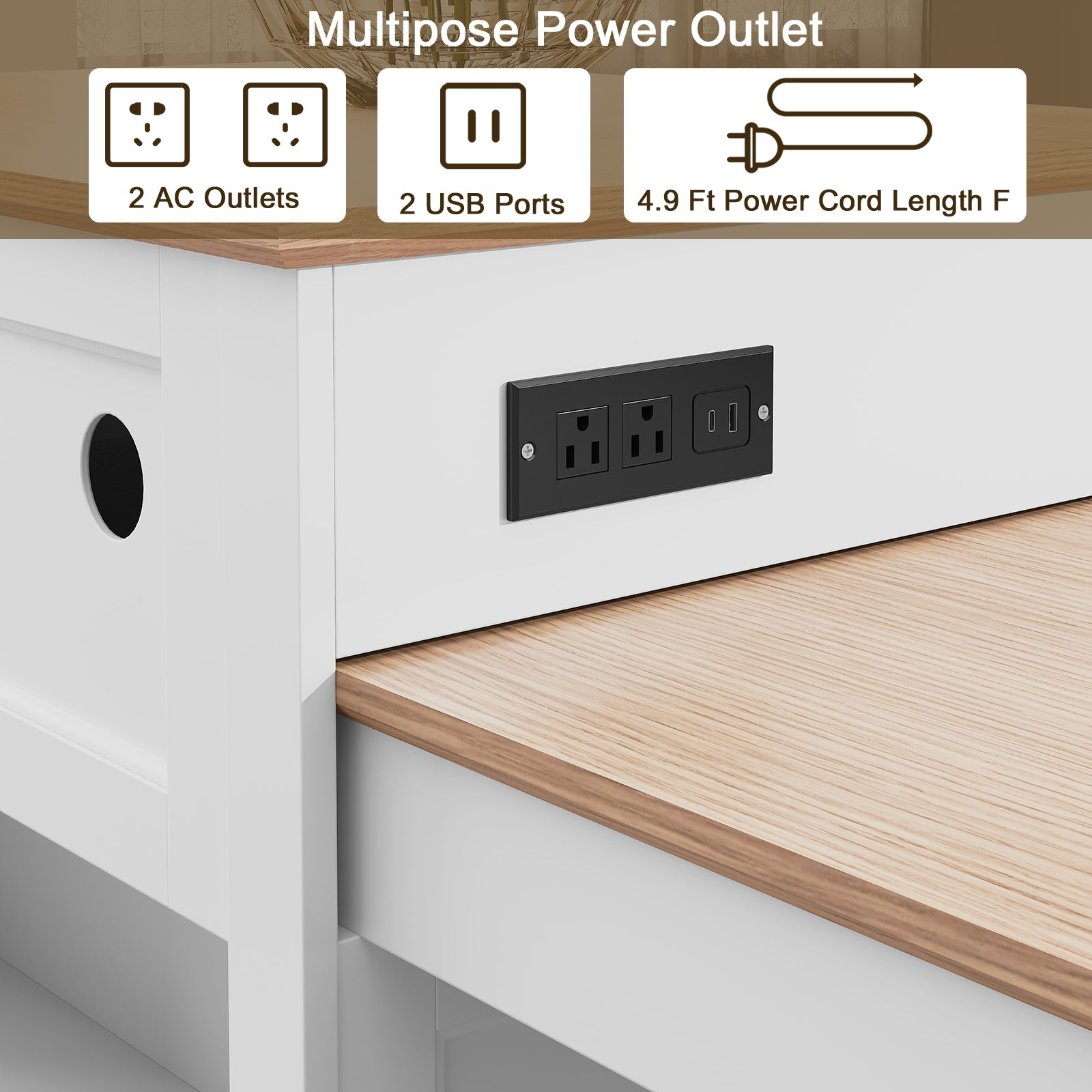 CBJCBJ Modern Extendable Kitchen Islands on Wheels with Power Outlet, Dining Table Cart with 4 Doors Storage, White