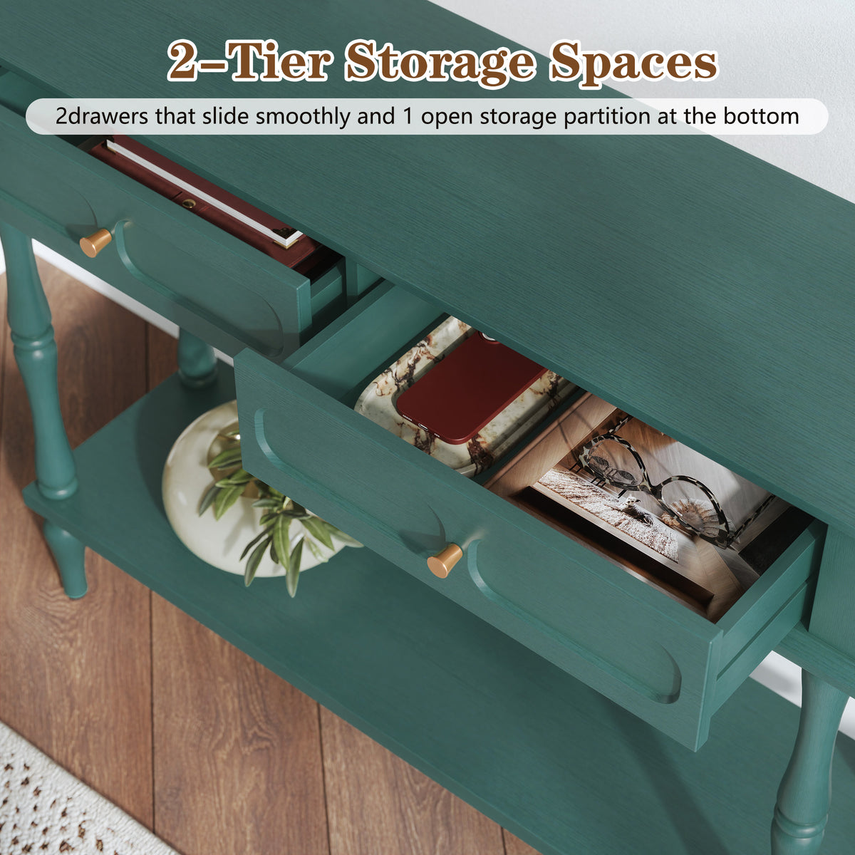 HLR 41" Mid Century Console Tables, Entryway Tables with 2 Drawers, 10 Mins Assembly, Green