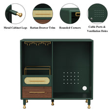 HLR Modern Coffee Bar Cabinet with Mini Fridge Space and Rattan Drawer for Dining Room, Green