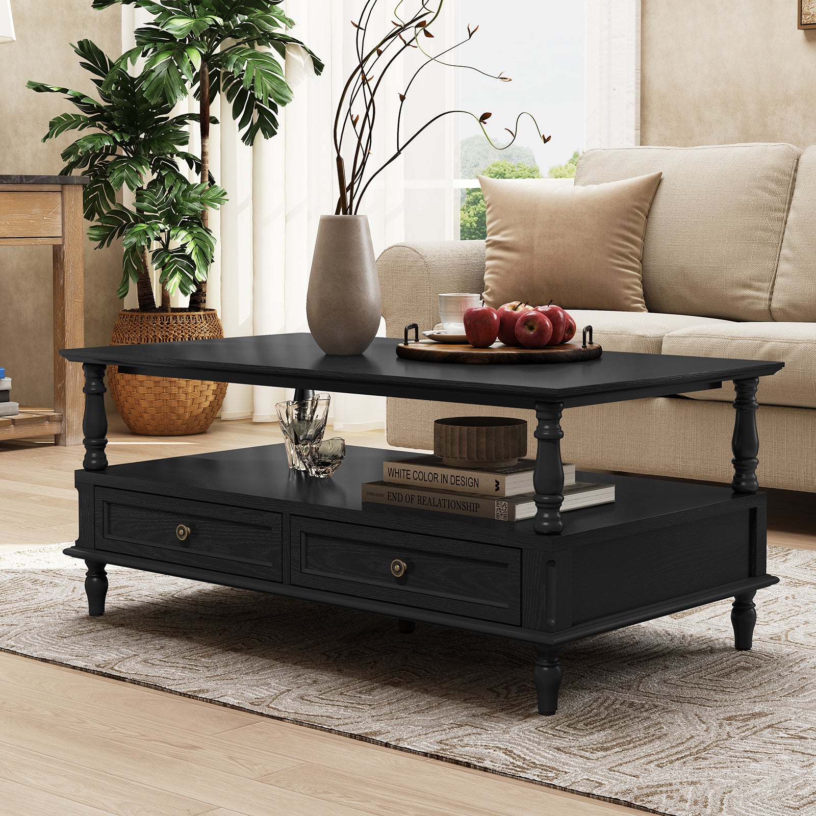 HLR 41" Mid Century Modern Coffee Table with Drawer Storage, Assembled Wood Center Table for Living Room, Black