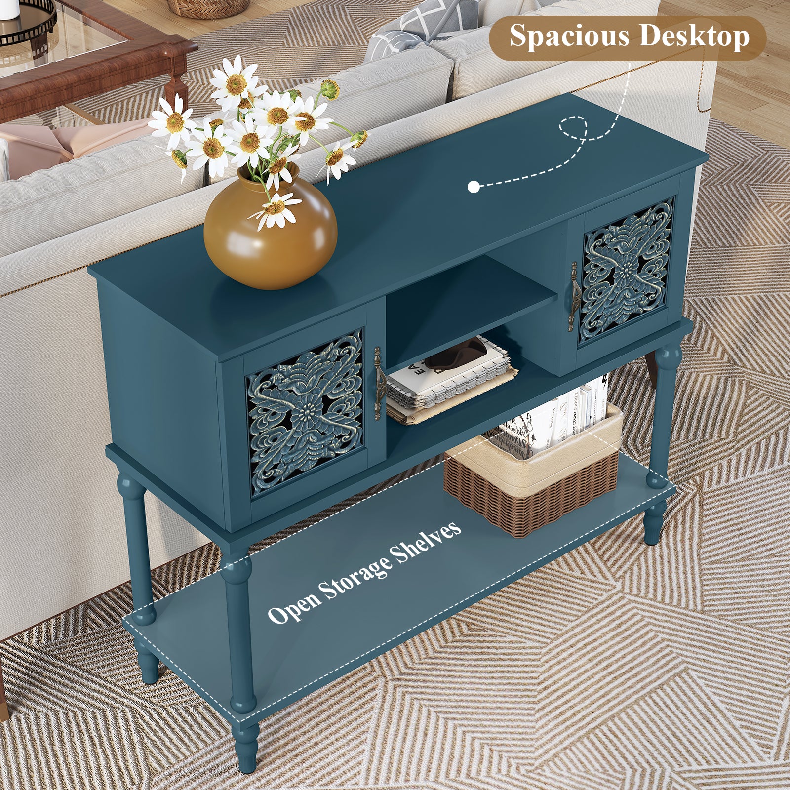 CBJCBJ 42'' Modern Retro Console Table, Entryway Table with Open Storage Shelf , for Living Room,Blue