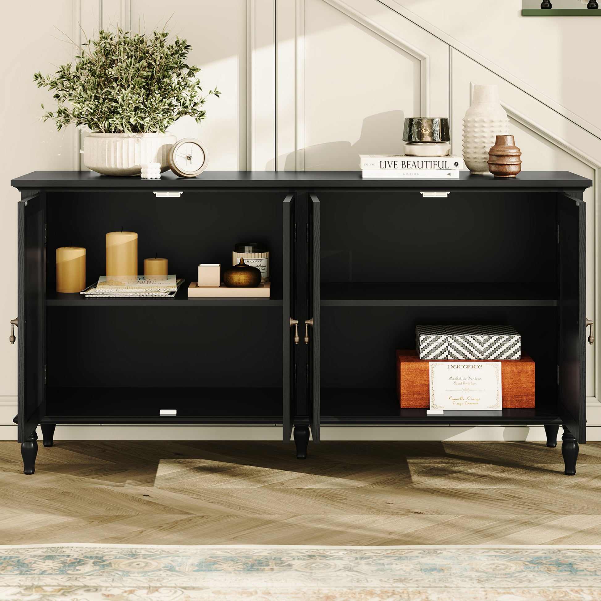 HLR 58'' Large Sideboard Buffet Cabinet with Storage, 4 Doors Modern Credenza Table for Living Room, Black