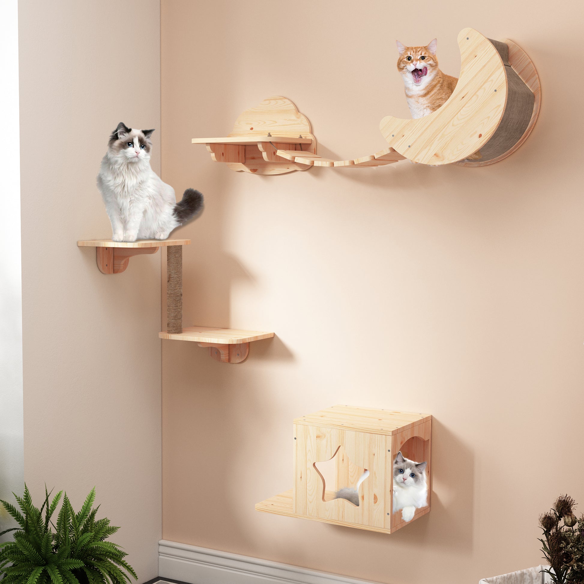 CBJCBJ Solid Wood Cat Wall Mounts Shelves Perches Set, Sleeping Playing Lounging Climbing Wall-mounted Cat Tree House for Multiple Cats, 5-Piece