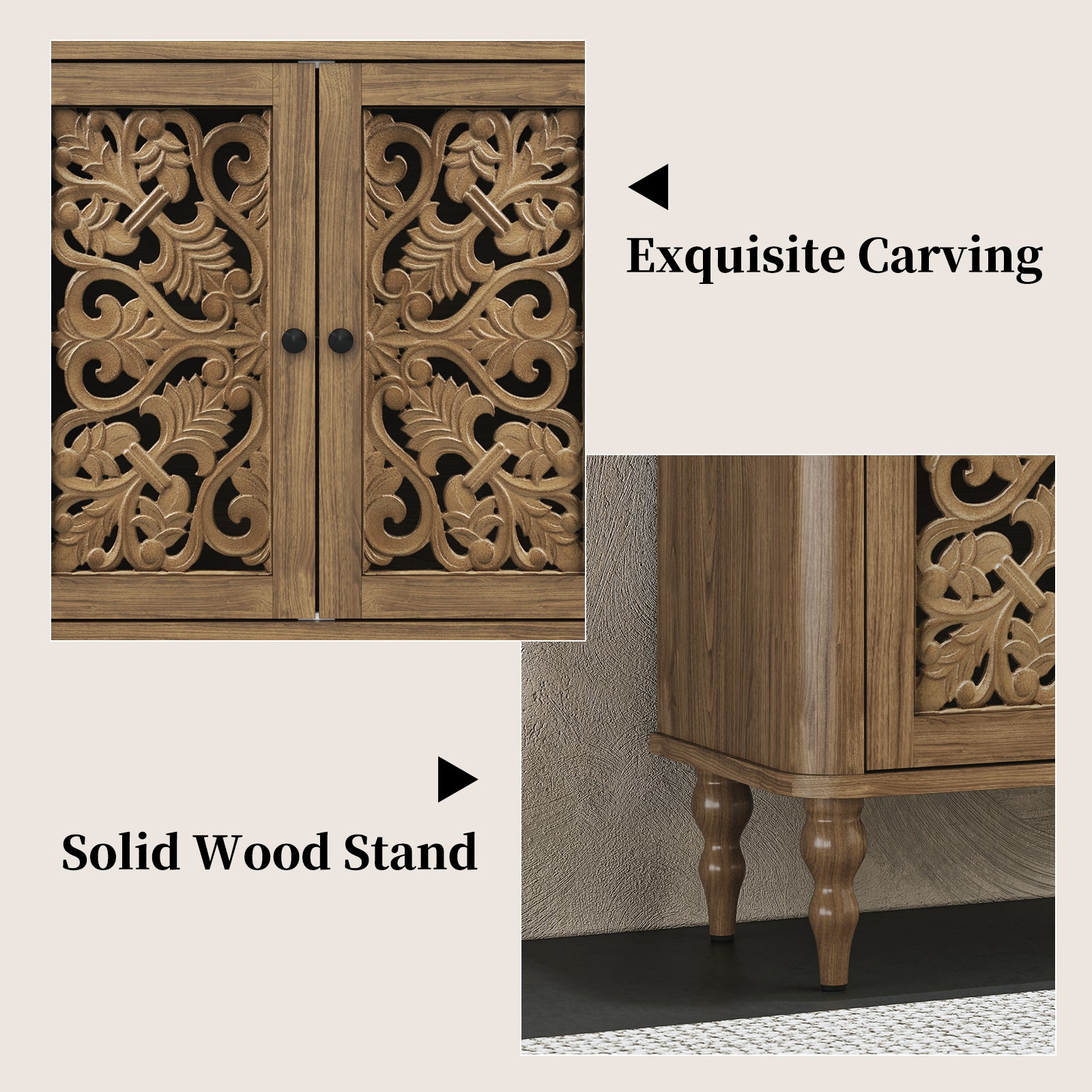 HLR 63" Mid Century Rounded Corners Sideboards Buffets Cabinet with 4 Doors Storage for Kitchen Dining, Brown