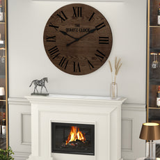 HLR 35.5” Farmhouse Large Shiplap Round Wall Clock with Roman Numeral for Living Room Decor, Brown
