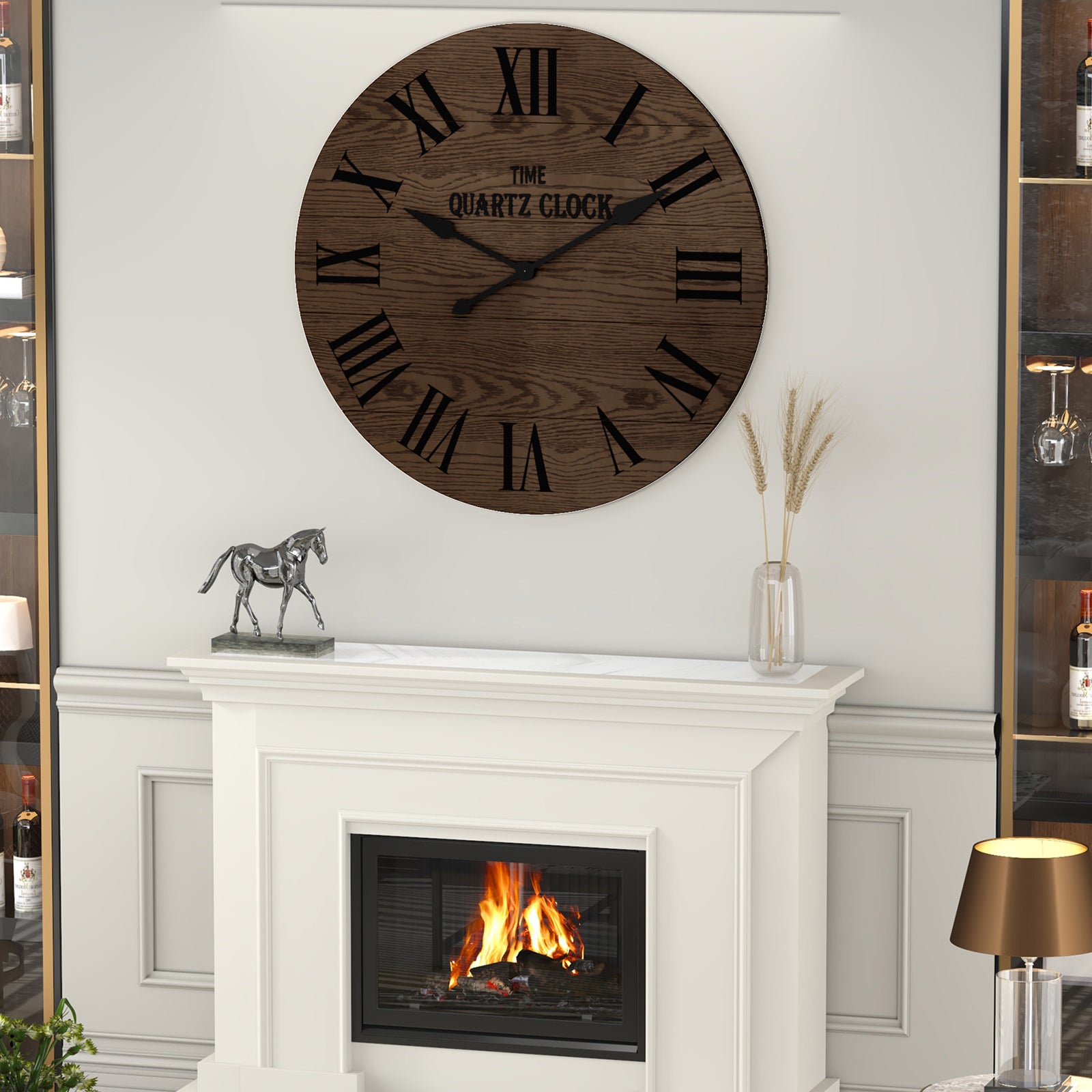 HLR 35.5” Farmhouse Large Shiplap Round Wall Clock with Roman Numeral for Living Room Decor, Brown