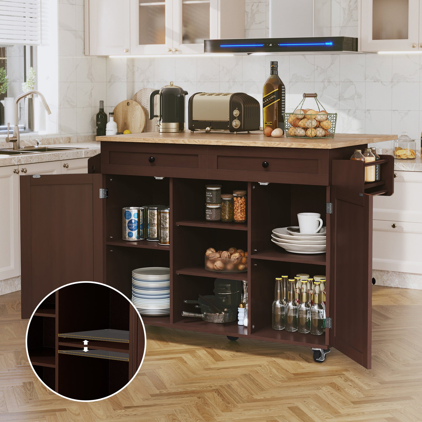 CBJCBJ 51.7" Rolling Kitchen Island Foldable, Adjustable Shelf & 2 Storage Doors - Mobile Kitchen Cart, Breakfast Bar with Storage (Brown)