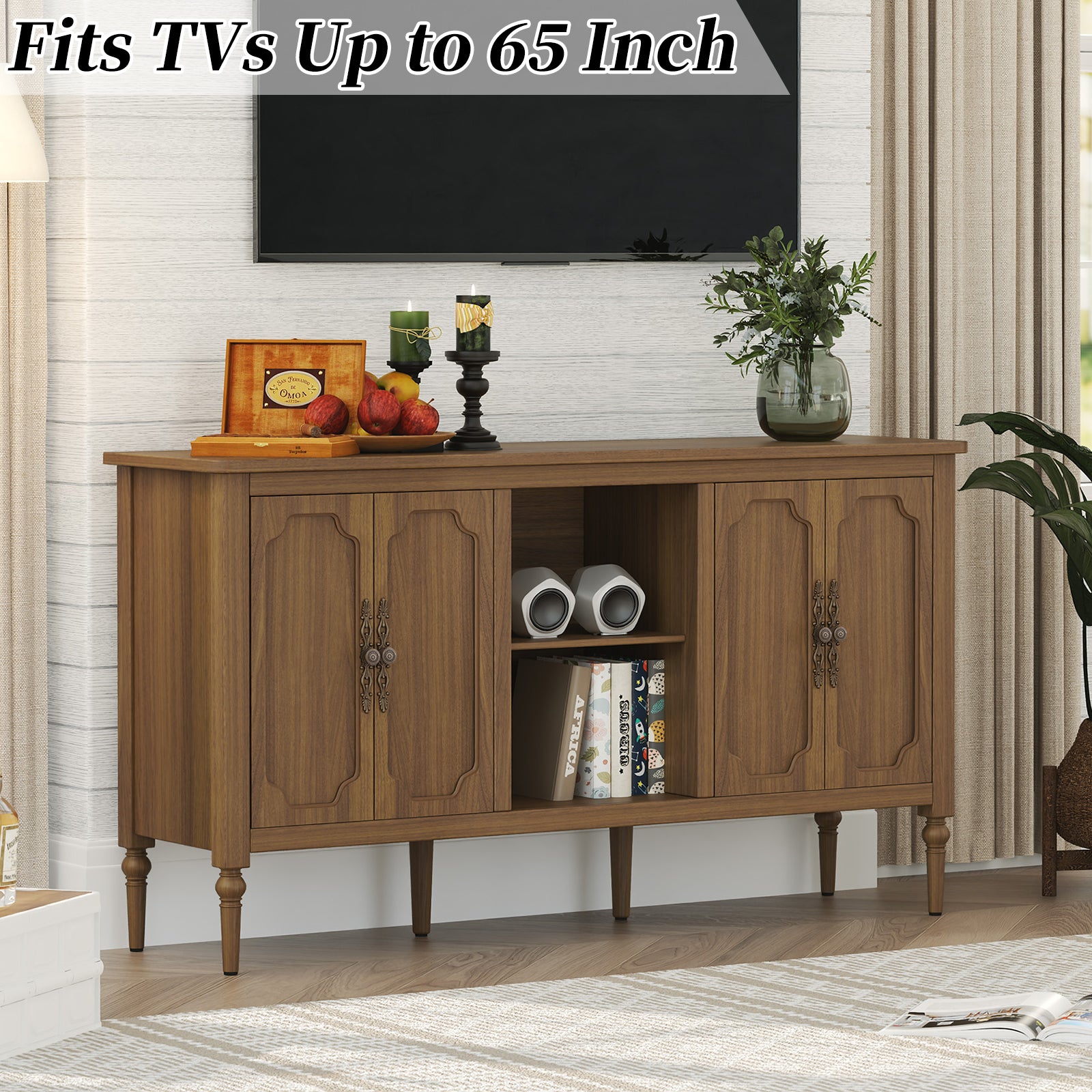 HLR 59" Mid Century Modern Sideboard Buffet Cabinet with 4 Doors, Brown Cabinet with Shelf, Vintage Large Sid