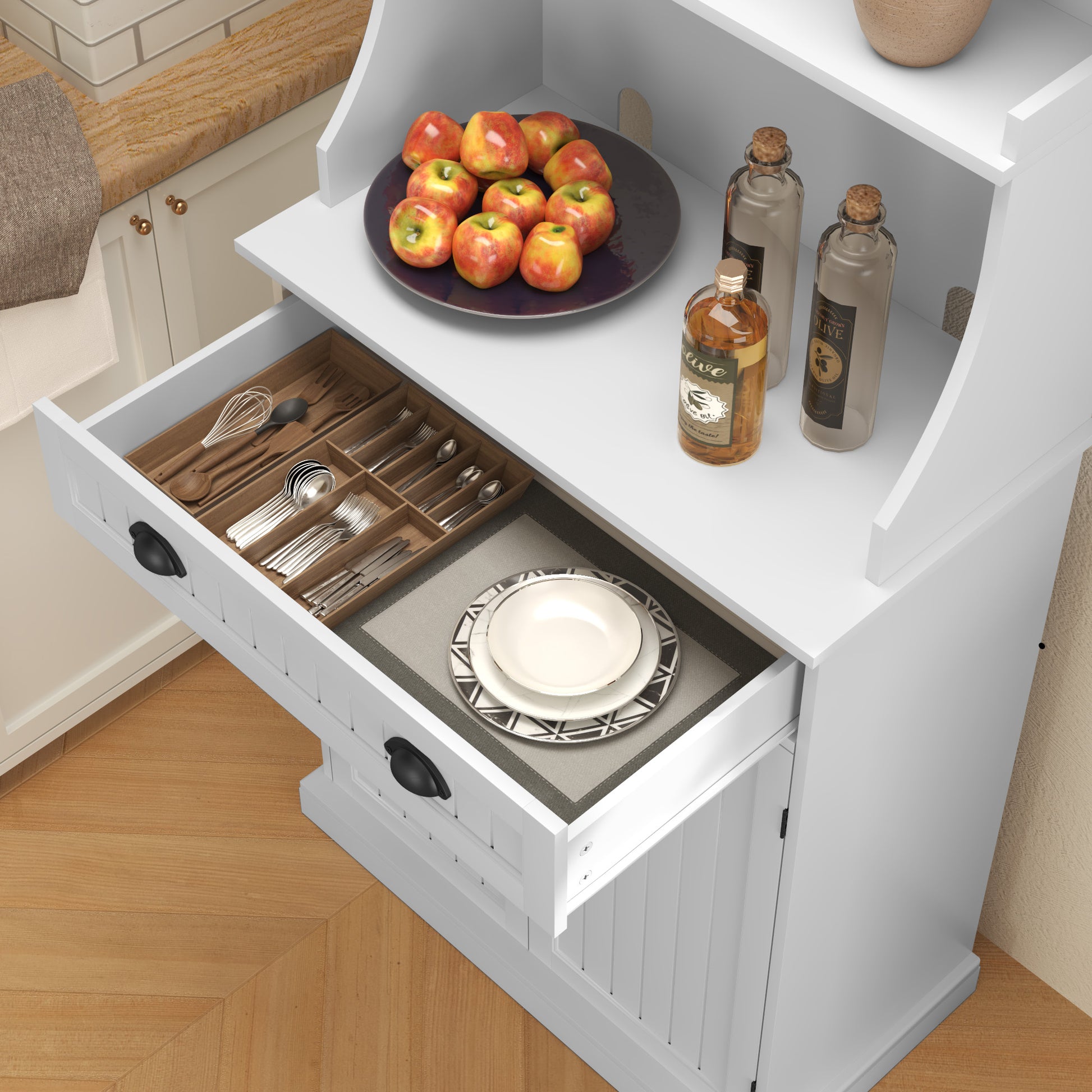 HLR Farmhouse Kitchen Pantry Cabinet with Microwave Stand, 54" Coffee Bar Storage Cabinet, White