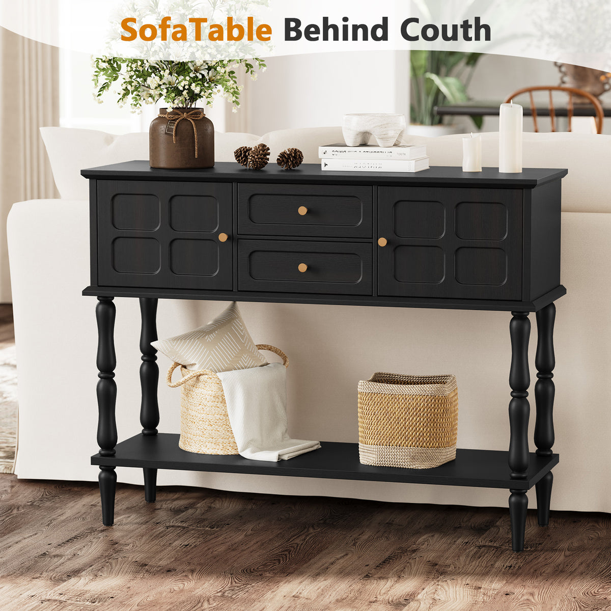 HLR Modern 42.1" Consoles Table, Entryway Table with Storage Shelf Quick Assembly for Living Room, Black