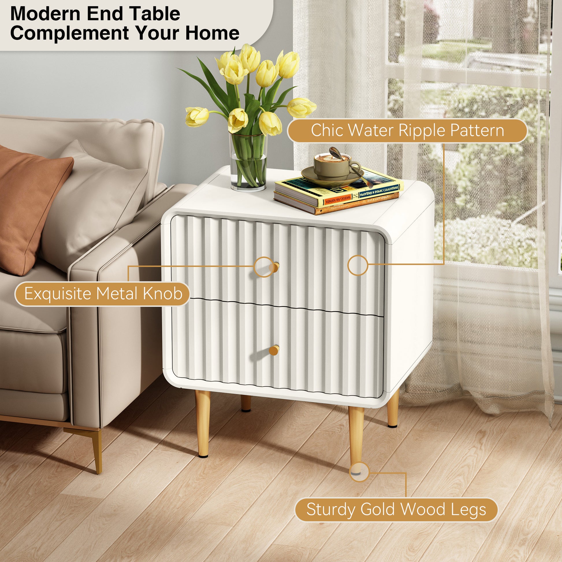 CBJCBJ Modern Bedroom Nightstand Set of 2, 20-Inch Wood Bedside Table with 2 Drawers and Gold Handles