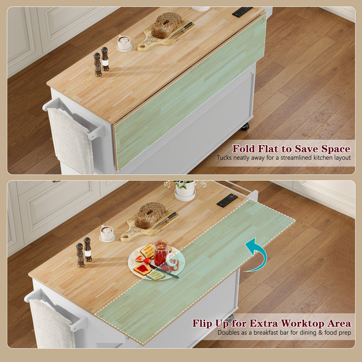 CBJCBJ Folding Rubber wood Kitchen Island, Kitchen Cart with Hidden Trash Can, Knife Rack & Spice Rack,White
