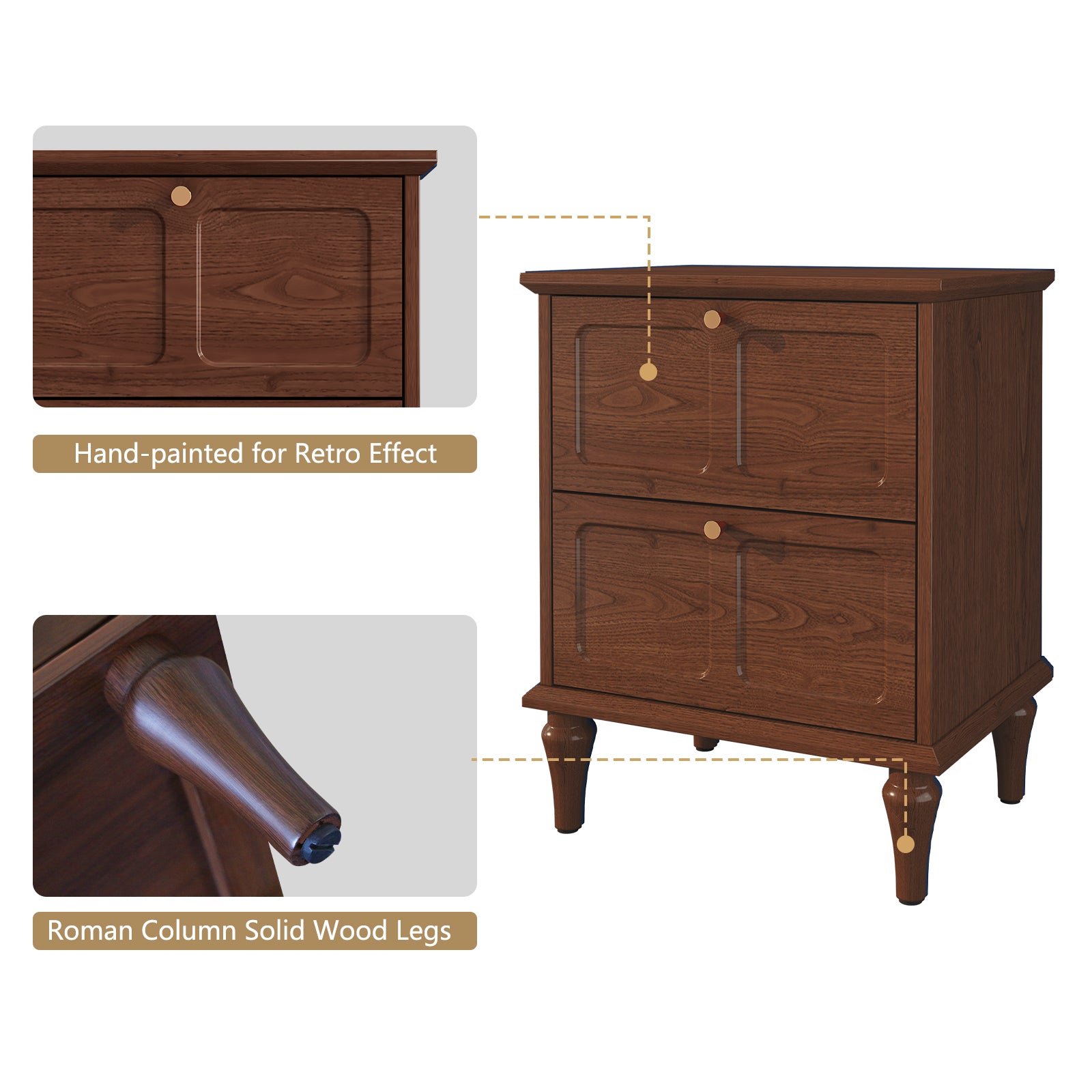 CBJCBJ 21" Mid-Century Nightstands Set of Two, Featuring Two Storage Drawers with Metal Handles, Brown