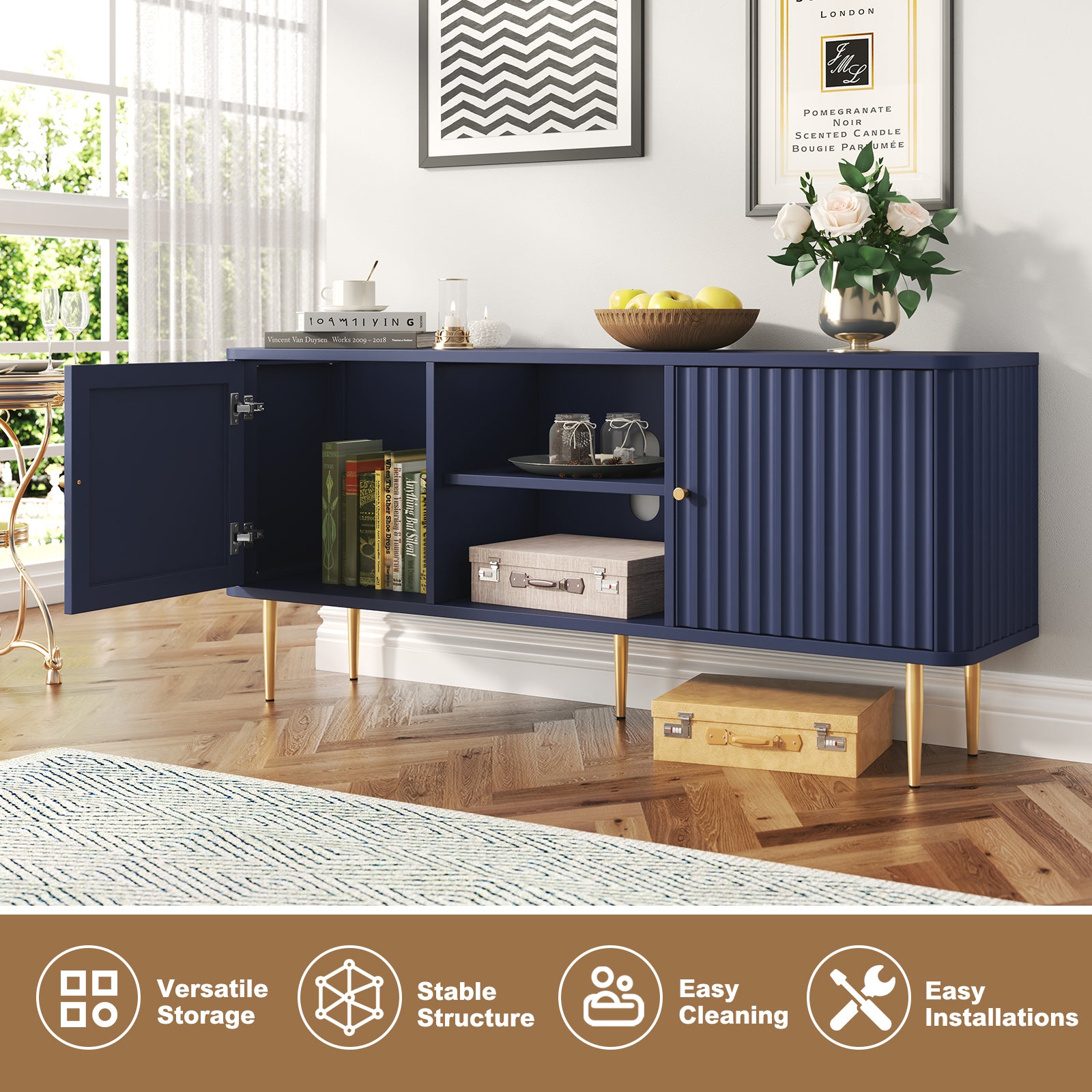 HLR Modern Fluted 55" TV Stand for 65 Inch TV, Entertainment Center with Storage, TV Console for Living Room, Blue