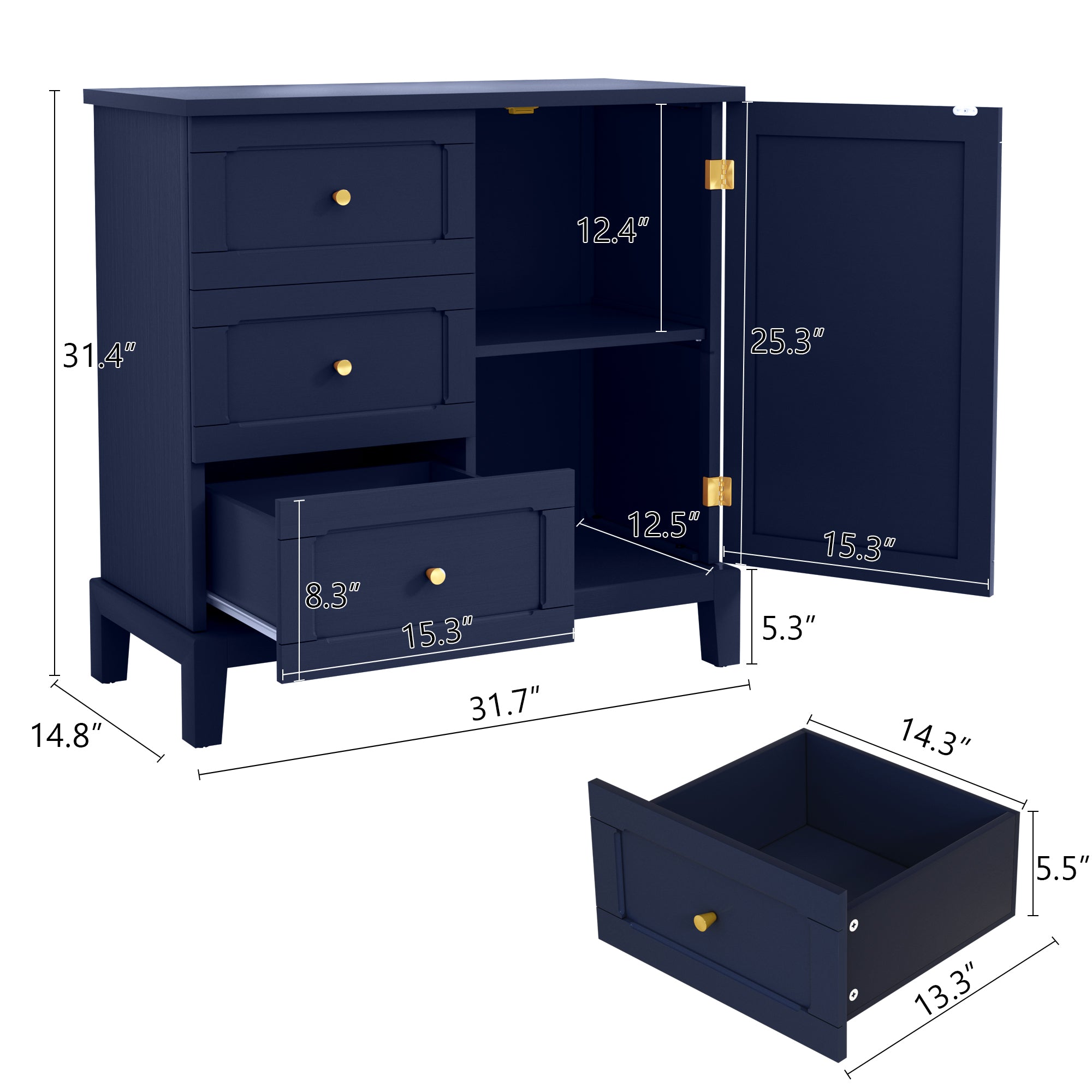 CBJCBJ 31.7"Storage Cabinet, Classical 3 Drawers & 1 Door Design with Gold-Tone Handles, Multi-Use Organizer for Living Room, Kitchen, Bathroom