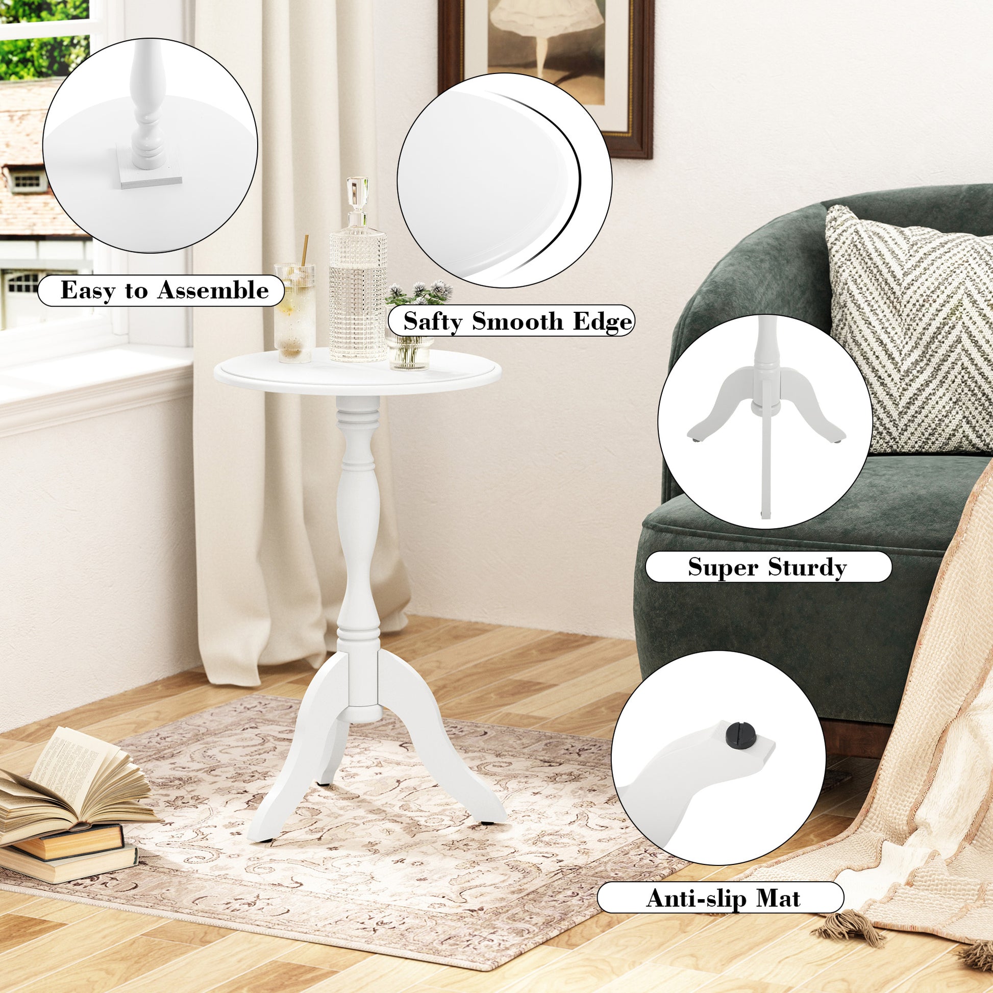 HLR Round Small End Table, Wooden Pedestal Side Coffee Table, Vintage Accent Nightstand for Living Room, Bedroom, Entryway, White