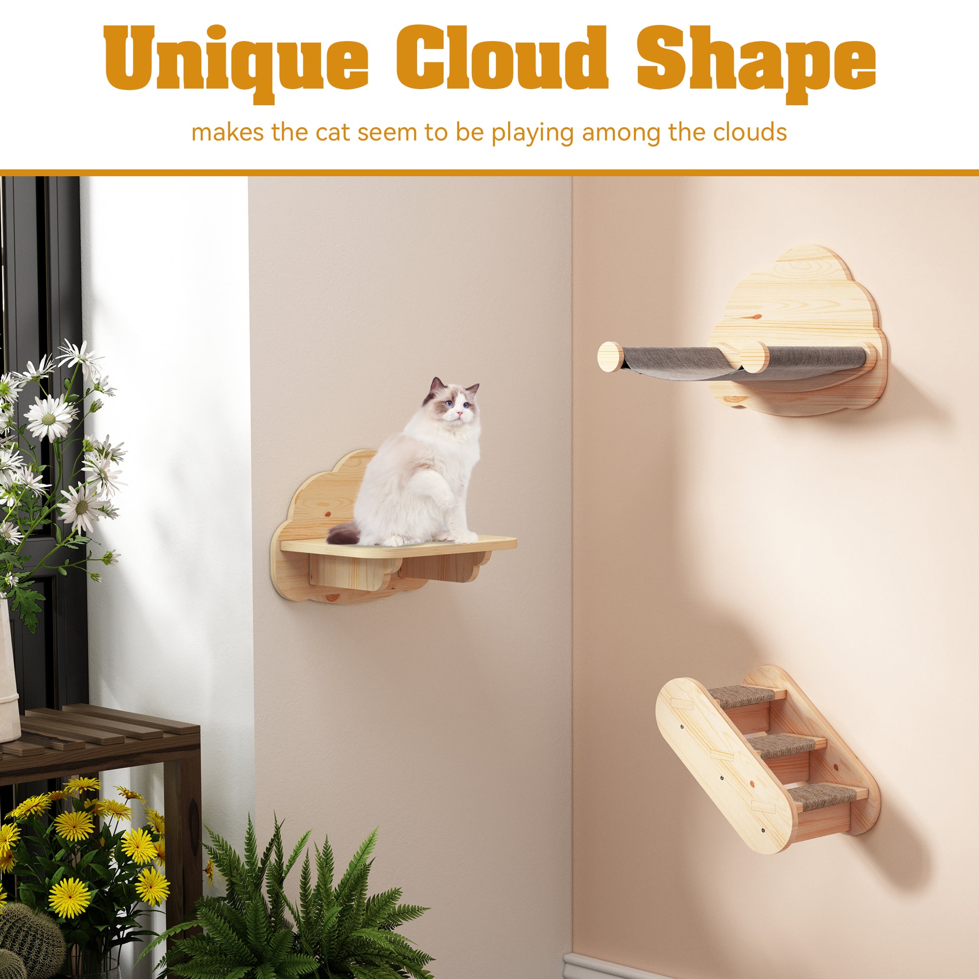 CBJCBJ Solid Wood Cat Wall Mounts Shelves Perches Set, Sleeping Playing Lounging Climbing Wall-mounted Cat Tree House for Multiple Cats, 3-Piece