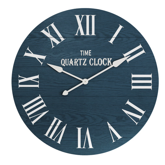 HLR 35.5” Farmhouse Large Shiplap Round Wall Clock with Roman Numeral for Living Room Decor, Navy Blue