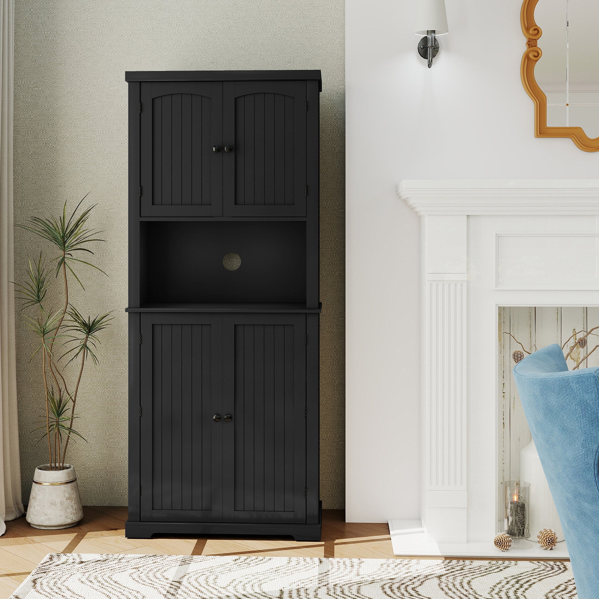 HLR 72" Kitchen Pantry Cabinet, Freestanding Pantry Storage Cabinet with Hutch & Shelves, Black