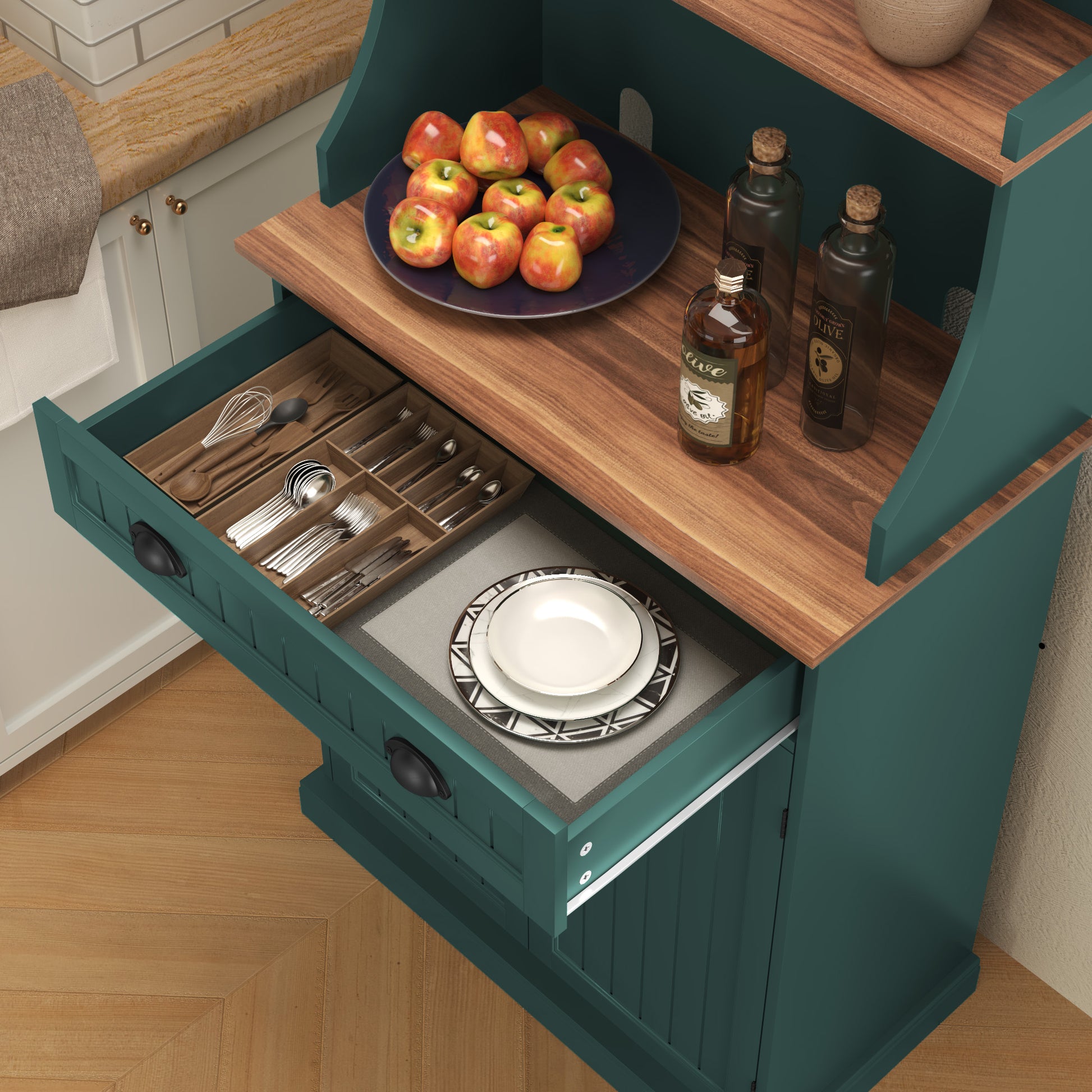 HLR Farmhouse Kitchen Pantry Cabinet with Microwave Stand, 54" Coffee Bar Storage Cabinet, Green