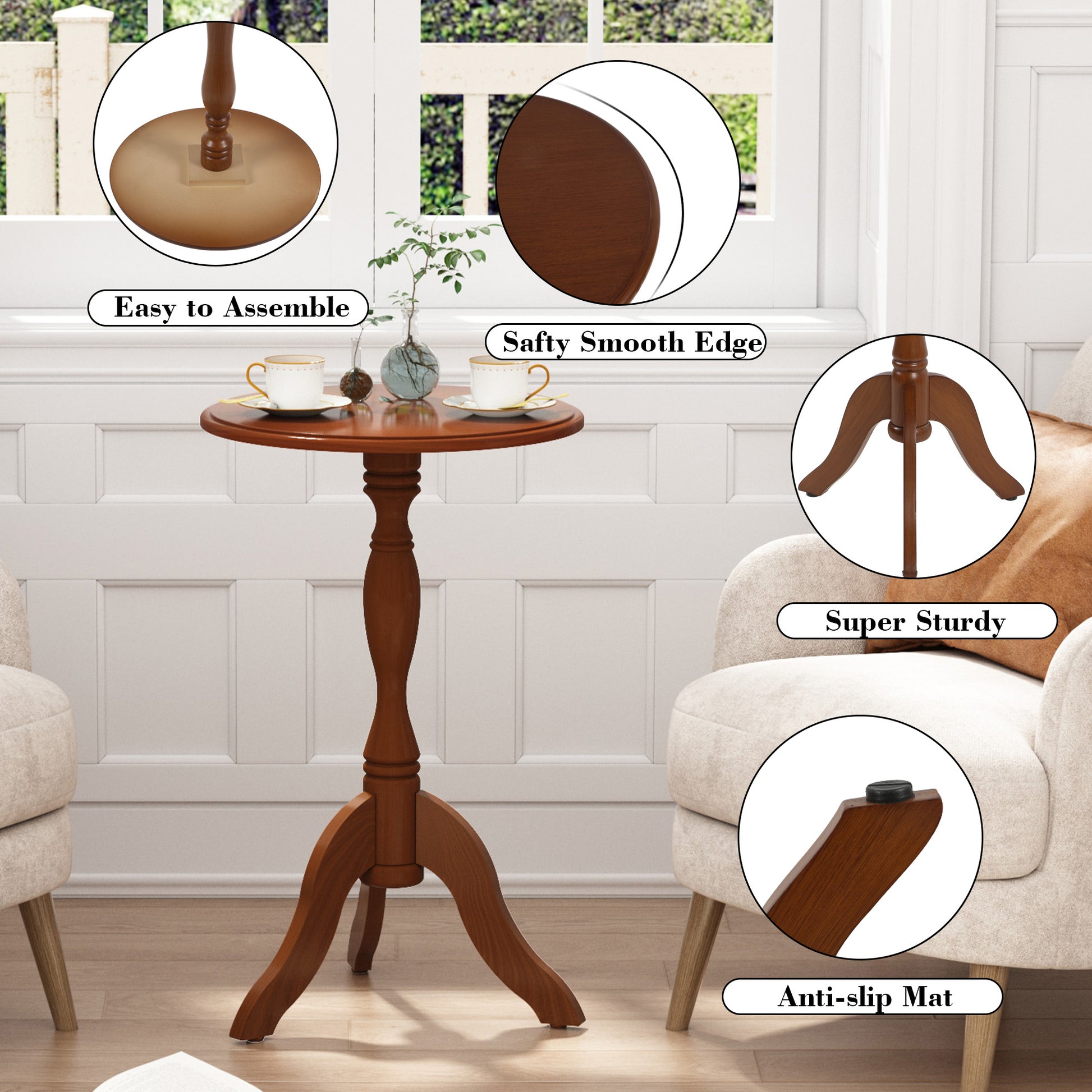 HLR Round Small End Table, Wooden Pedestal Side Coffee Tables, Vintage Accent Nightstand for Living Room, Bedroom, Entryway (2, Walnut)