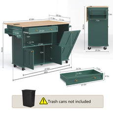 HLR Mid-Century 60" Kitchen Island with Trash Can Storage, Rolling Island Table, Green