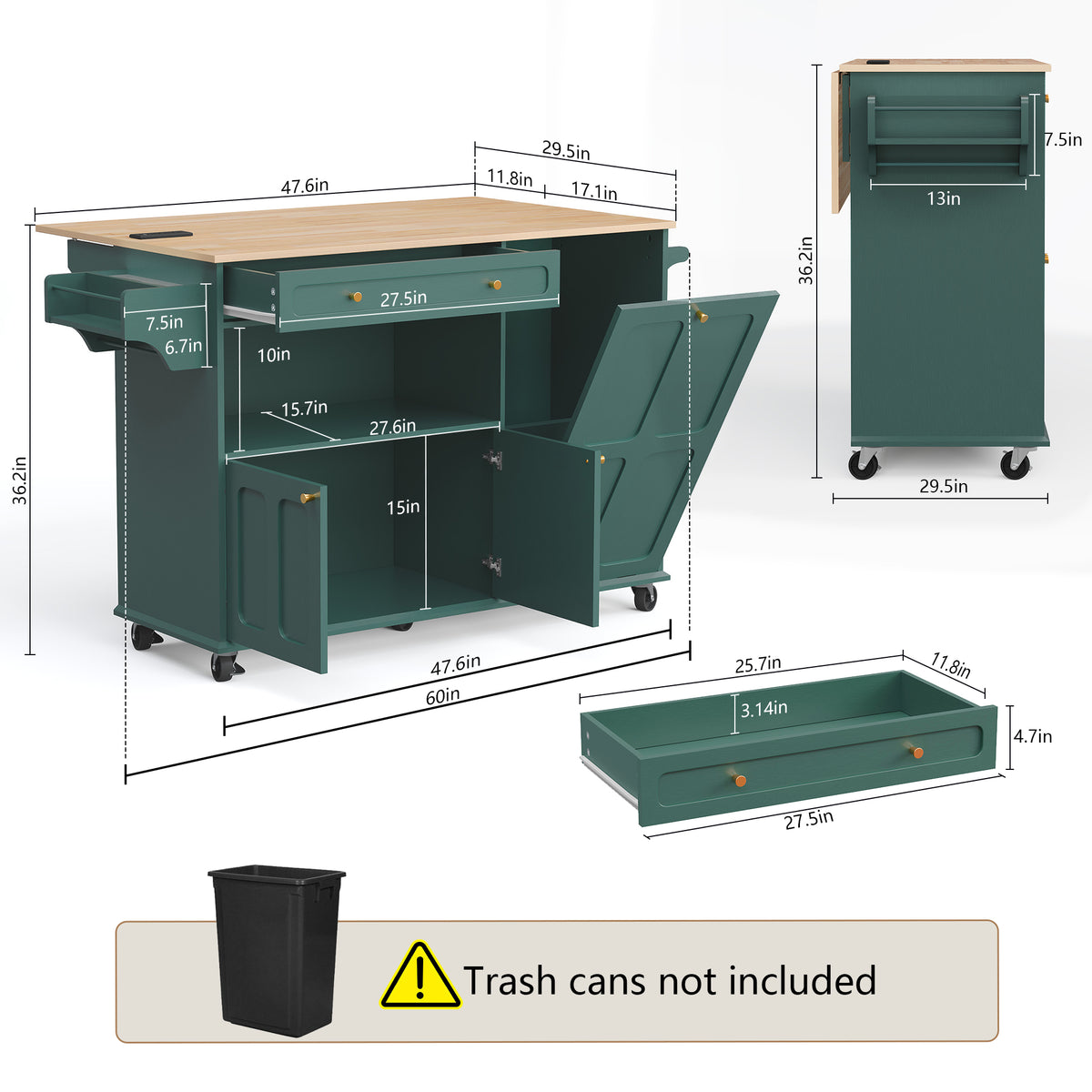 HLR Mid-Century 60" Kitchen Island with Trash Can Storage, Rolling Island Table, Green