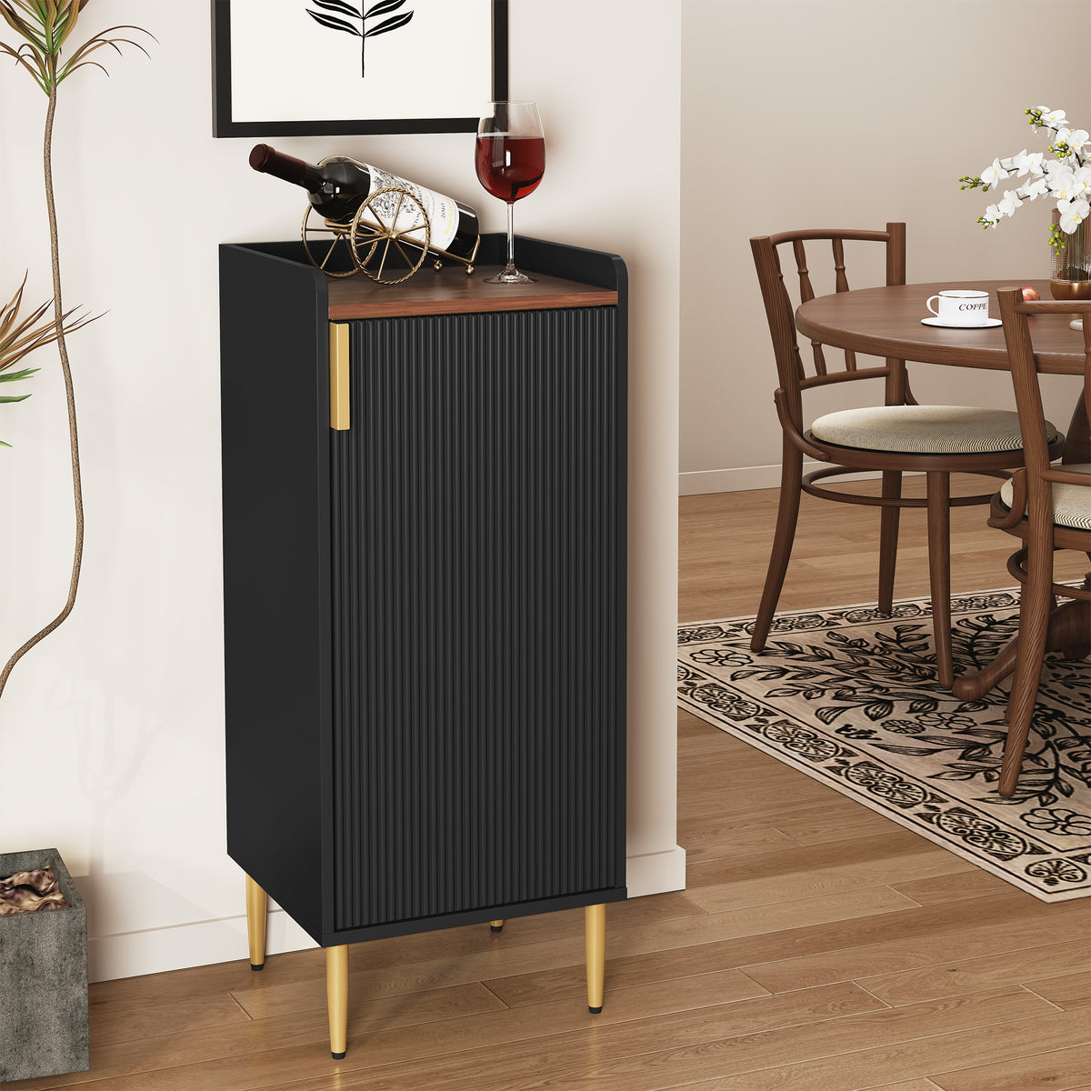 HLR 38" Modern Wine Bar Cabinet with Door Storage, Wood Credenza Buffet Cabinet with Wine Glass Rack, Black