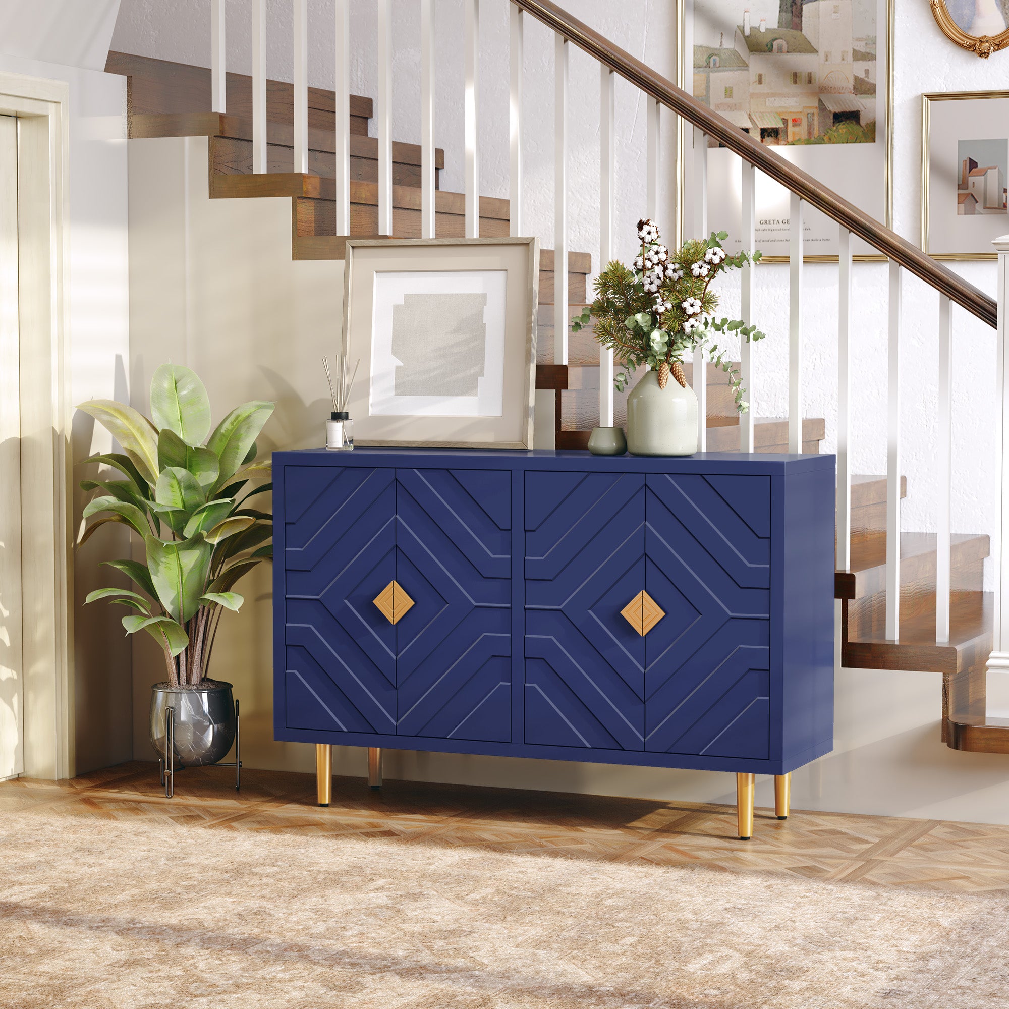 CBJCBJ 48" Modern Accent Sideboard Buffet Cabinet with 4 Doors & Shelves, Credenza for Living Room Storage,Blue
