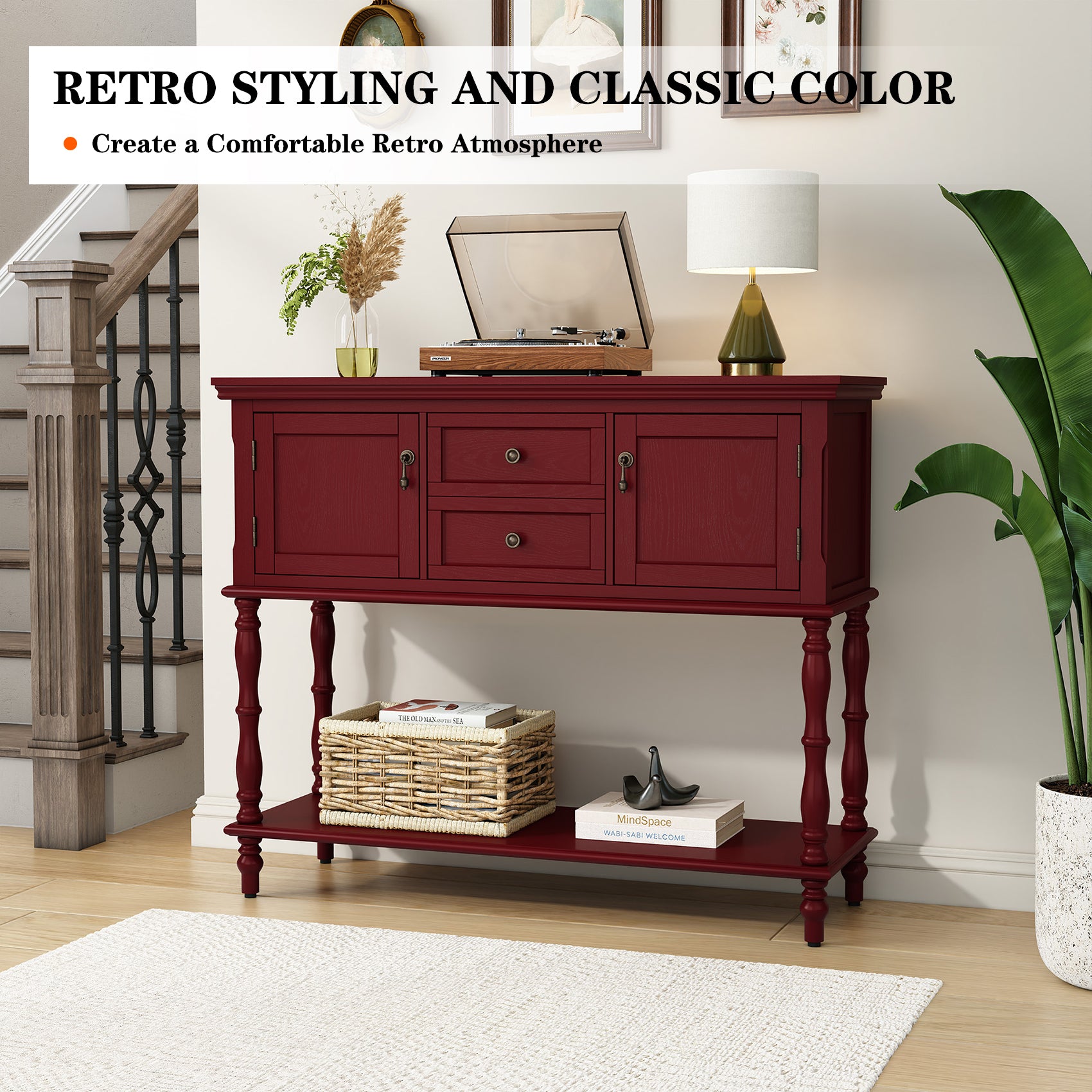 CBJCBJ 42" Farmhouse Console Table , 2 Drawer Narrow Long Entryway Table with Open Storage Shelf , for Living Room,Red