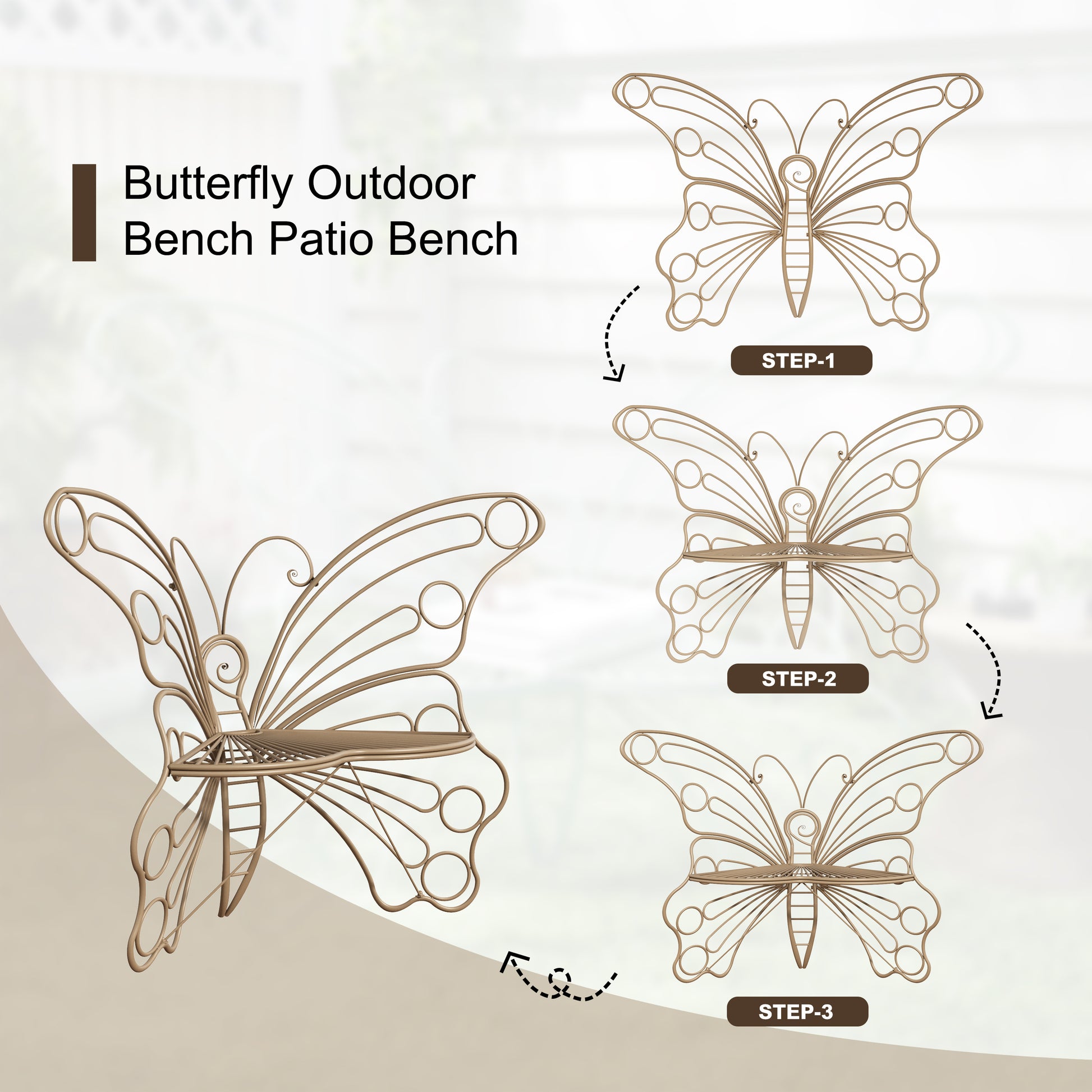 CBJCBJ 50" Weatherproof Outdoor Patio Bench，Metal Butterfly Design for Garden and Lawn Porch， Teak