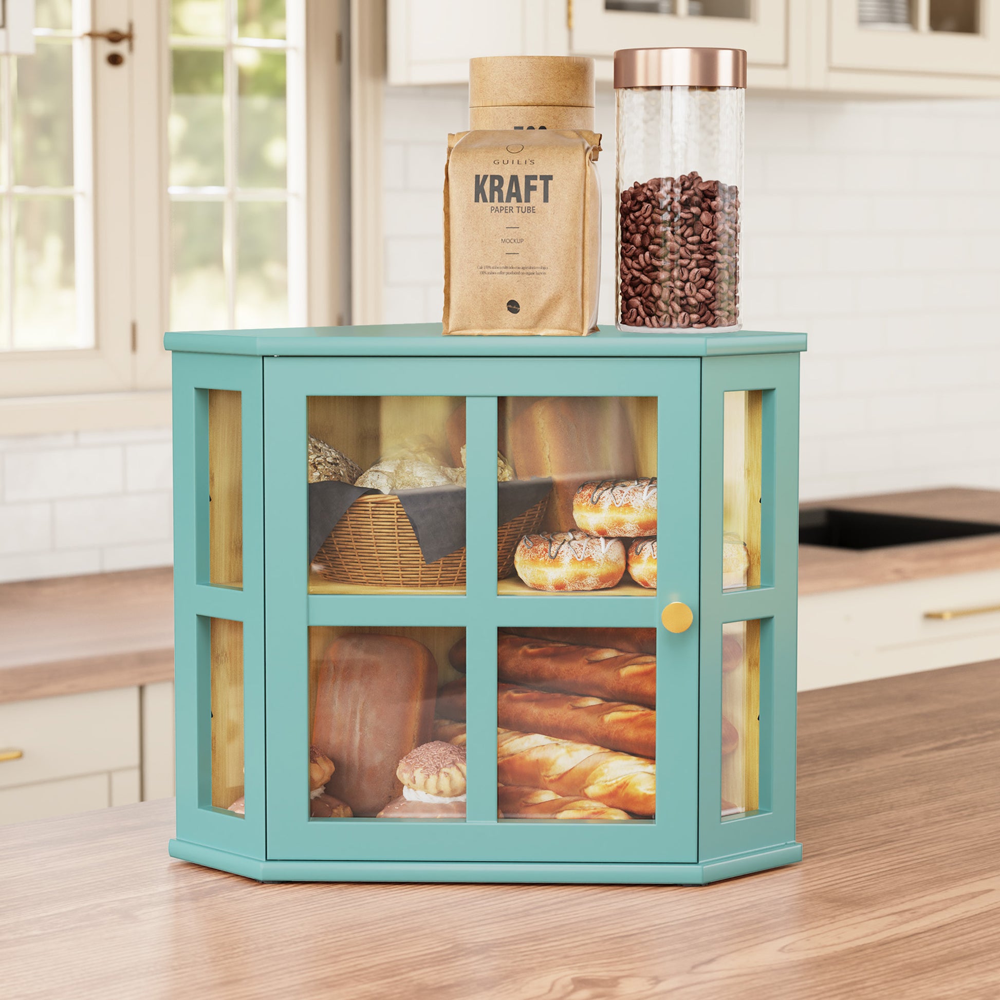 CBJCBJ Bamboo Bread Box, 2-Tier Countertop Storage Rack, Modern Retro Pantry Decor,Blue