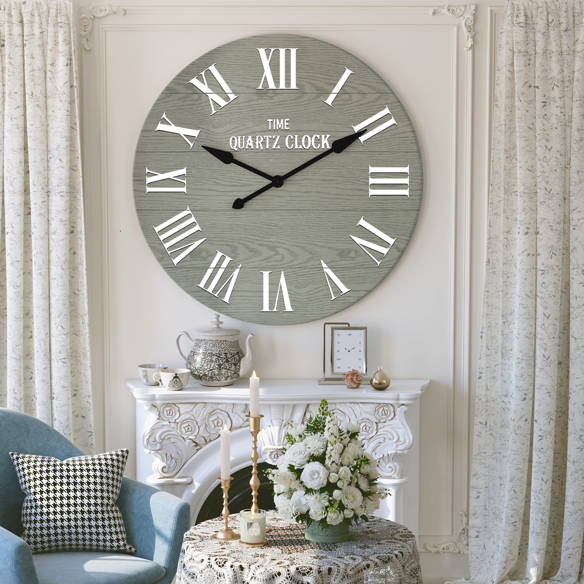 CBJCBJ 35.5” Farmhouse Large Shiplap Round Wall Clock with Roman Numeral for Living Room Decor,Green