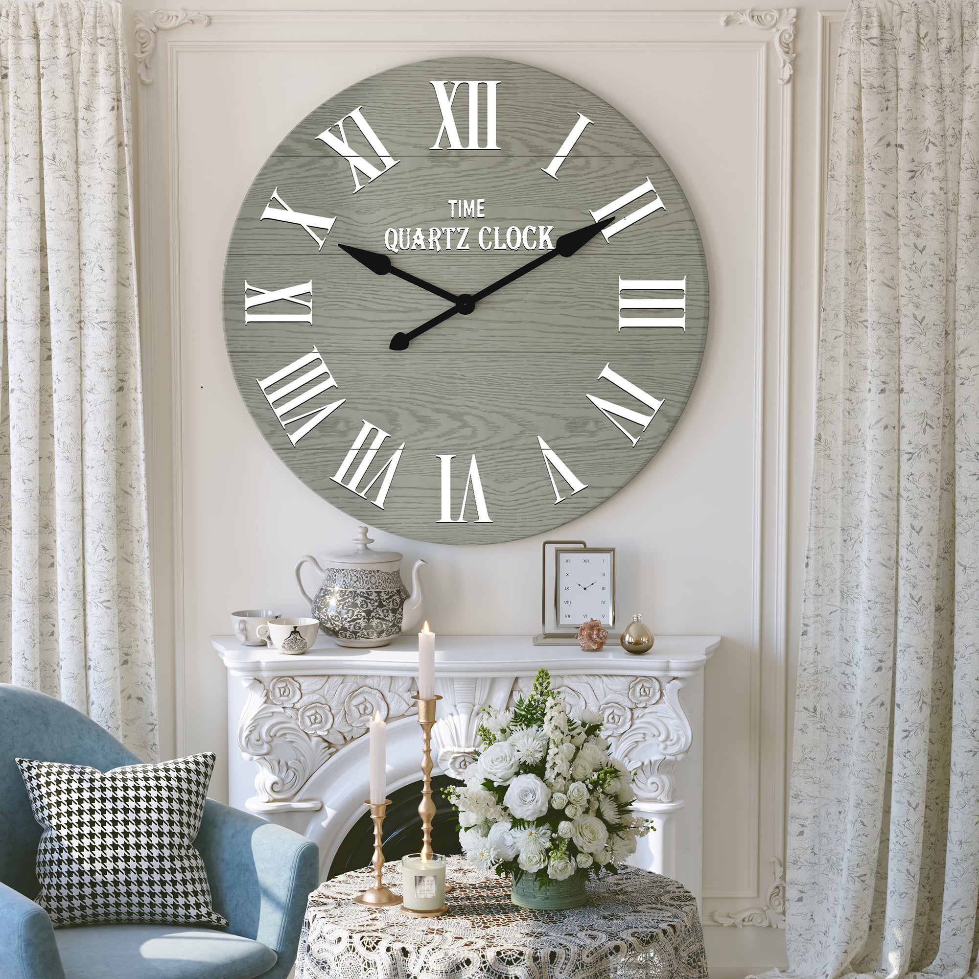CBJCBJ 35.5” Farmhouse Large Shiplap Round Wall Clock with Roman Numeral for Living Room Decor,Green