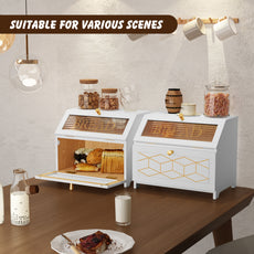 HLR Large Bread Box, Wood 2-layer Bread Box Storage for Kitchen Counter, with Bar Pattern Windows, White