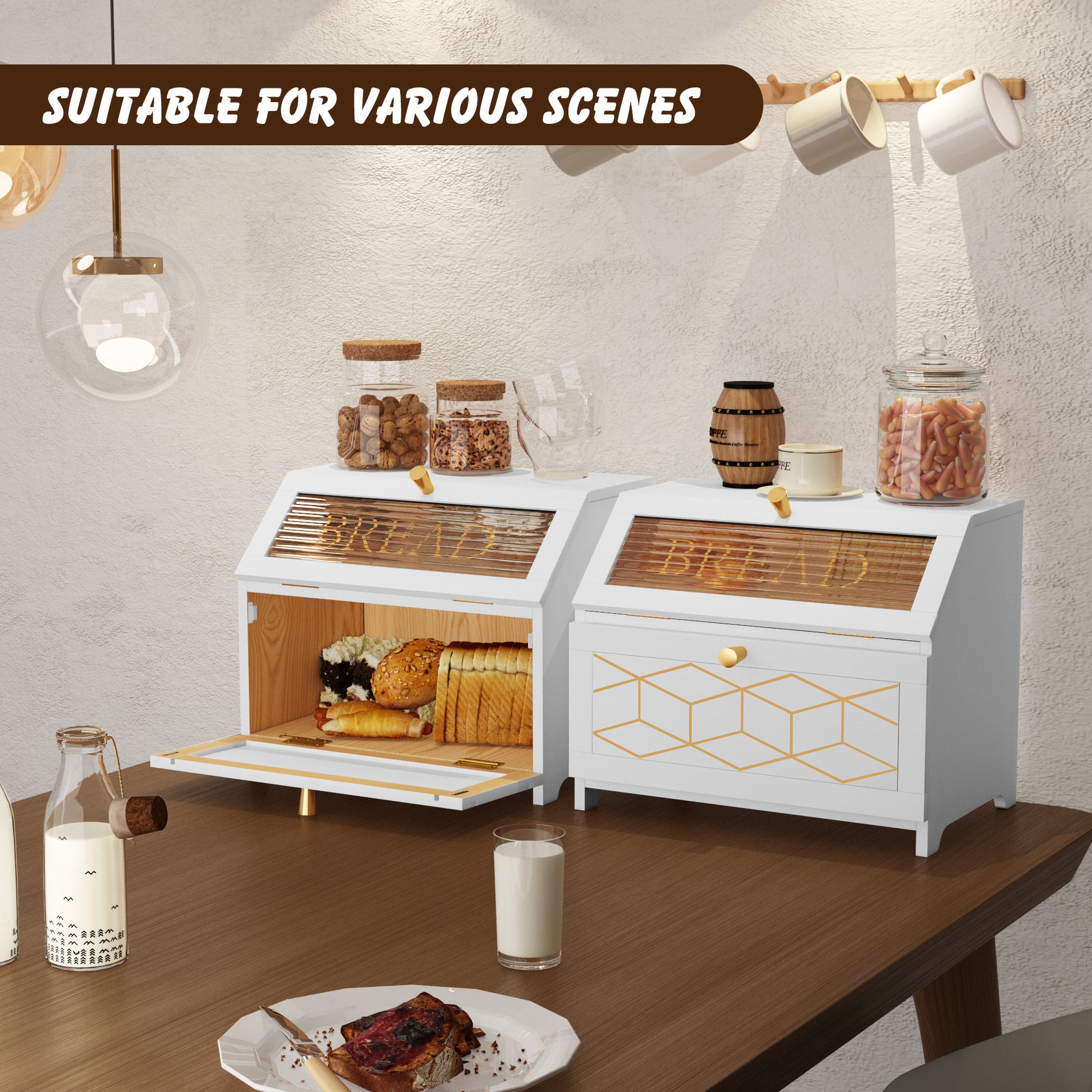 HLR Large Bread Box, Wood 2-layer Bread Box Storage for Kitchen Counter, with Bar Pattern Windows, White